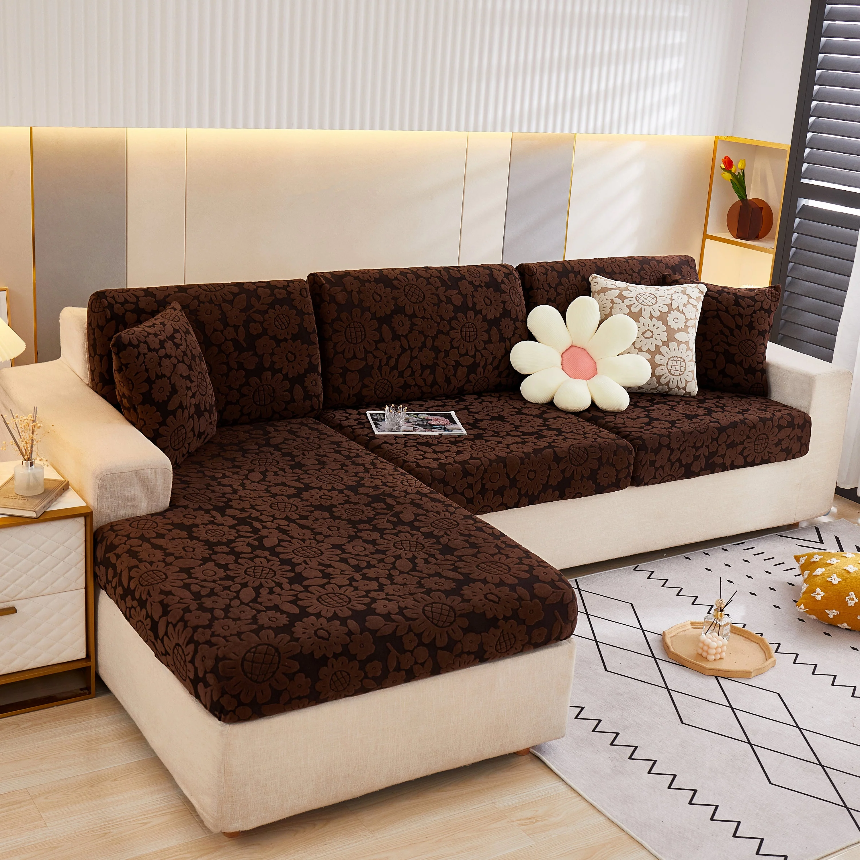 Flower Pattern Jacquard Fleece Stretch Sofa Cover, Non-Slip L-Shaped Couch Cushion Covers for Pets - Image 16