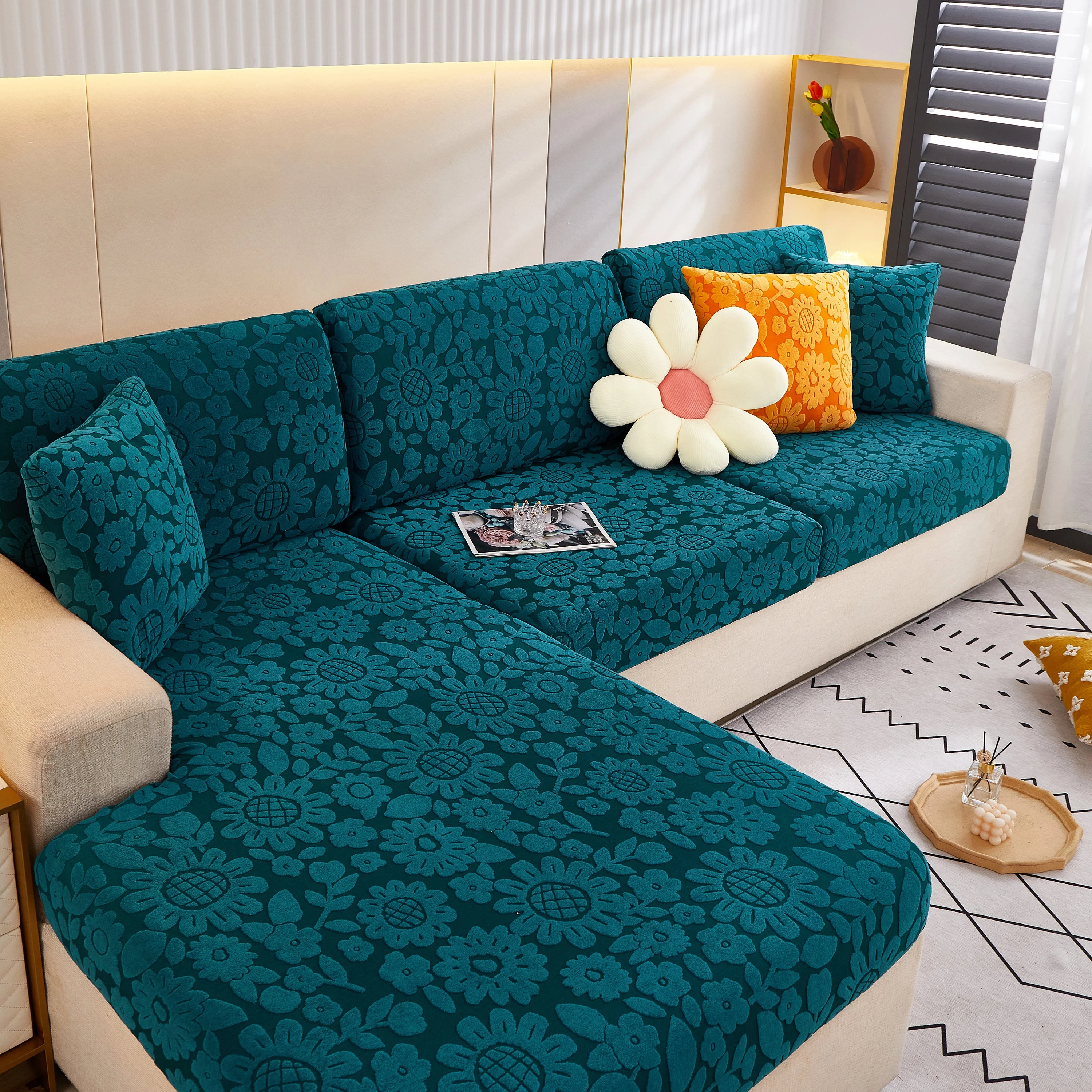 Flower Pattern Jacquard Fleece Stretch Sofa Cover, Non-Slip L-Shaped Couch Cushion Covers for Pets - Image 17