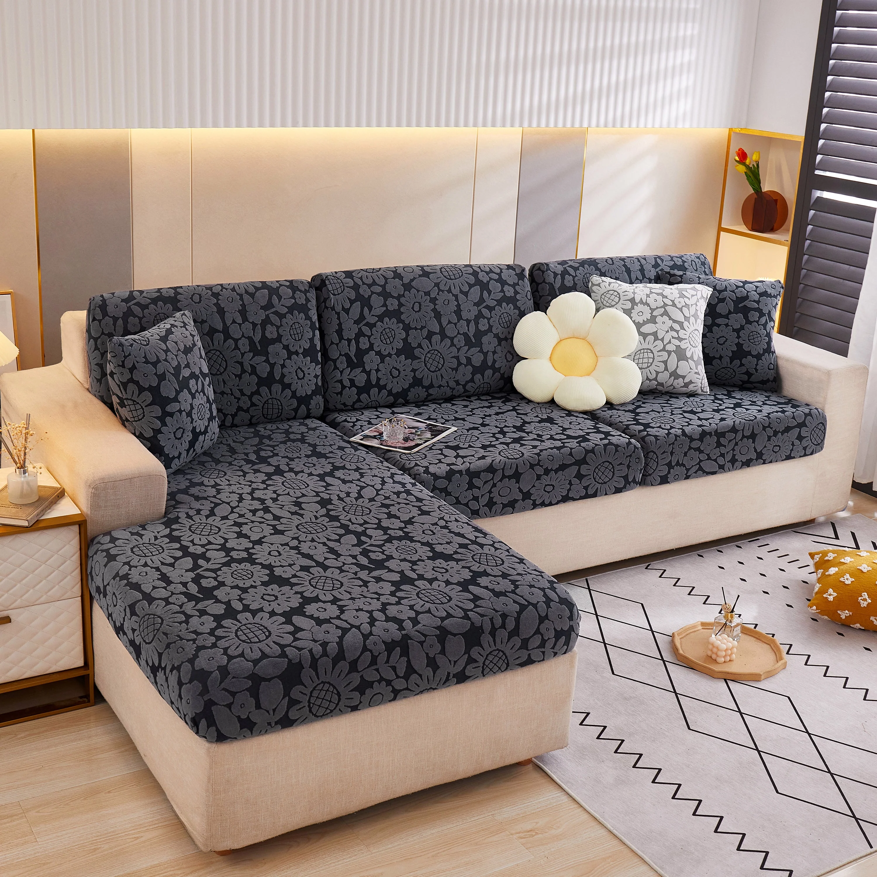 Flower Pattern Jacquard Fleece Stretch Sofa Cover, Non-Slip L-Shaped Couch Cushion Covers for Pets - Image 18
