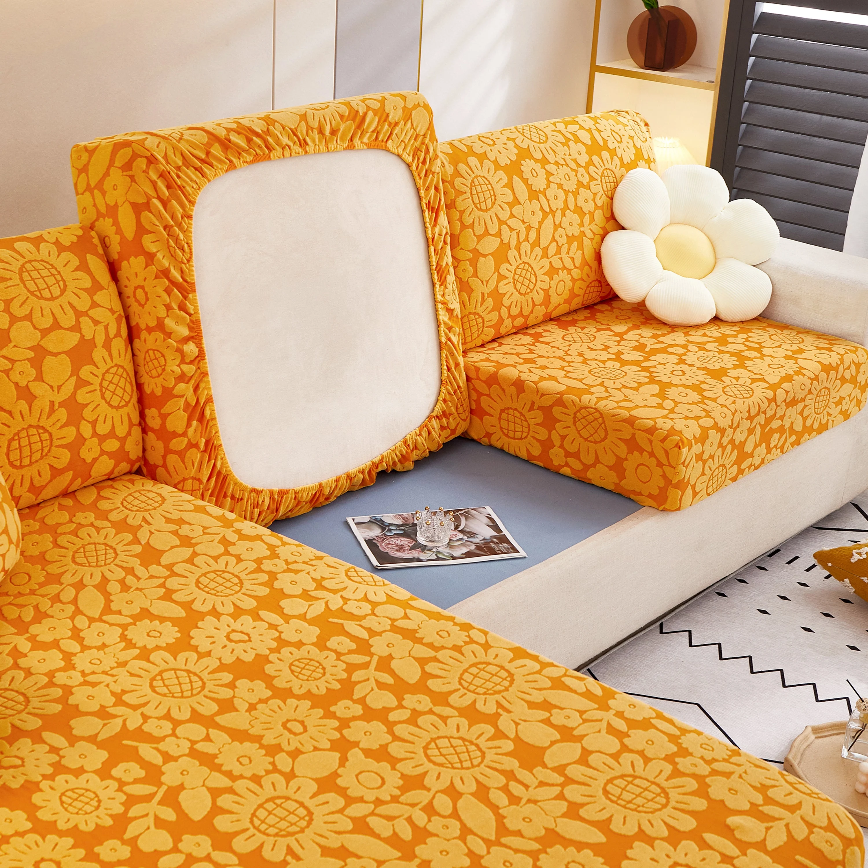 Flower Pattern Jacquard Fleece Stretch Sofa Cover, Non-Slip L-Shaped Couch Cushion Covers for Pets - Image 19