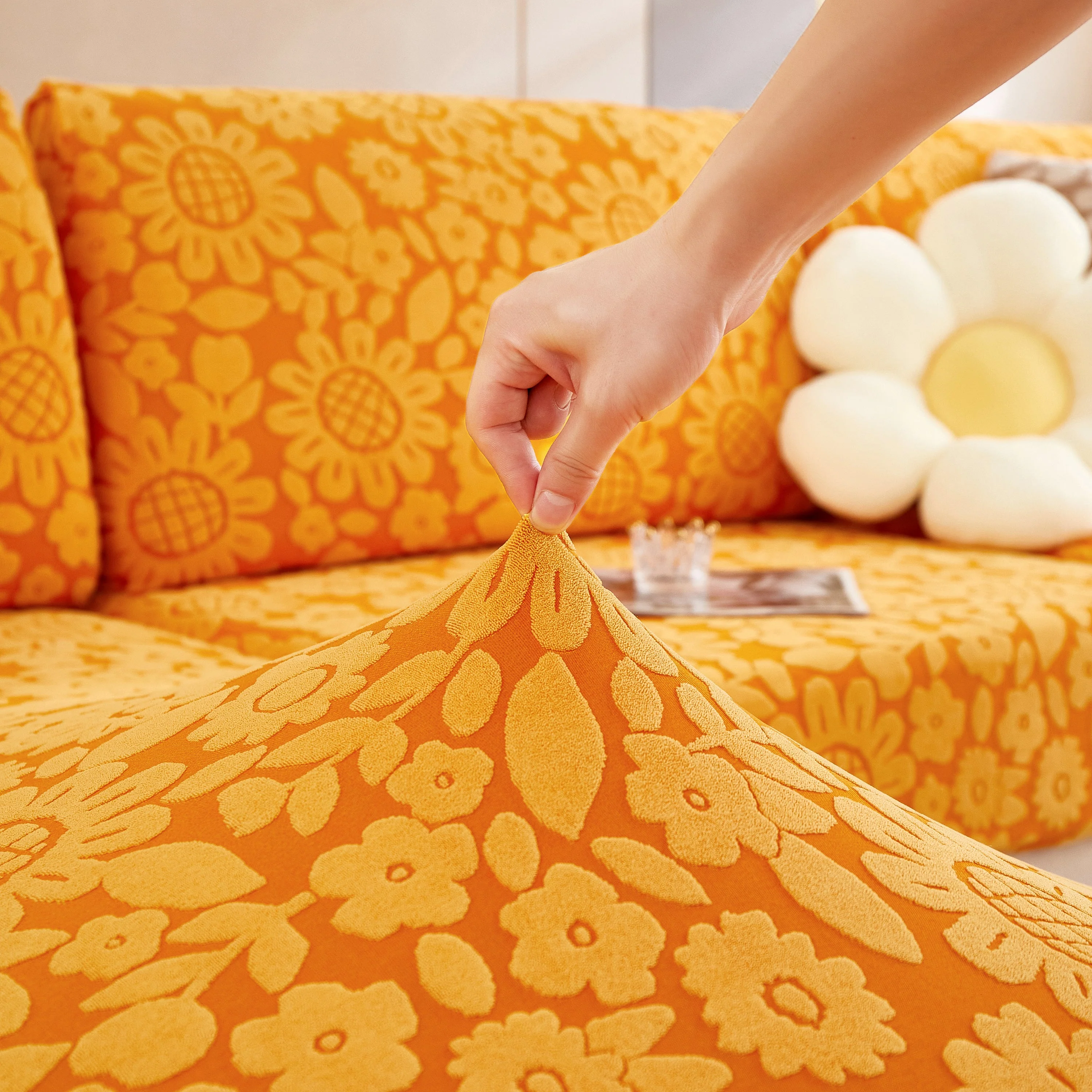 Flower Pattern Jacquard Fleece Stretch Sofa Cover, Non-Slip L-Shaped Couch Cushion Covers for Pets - Image 2