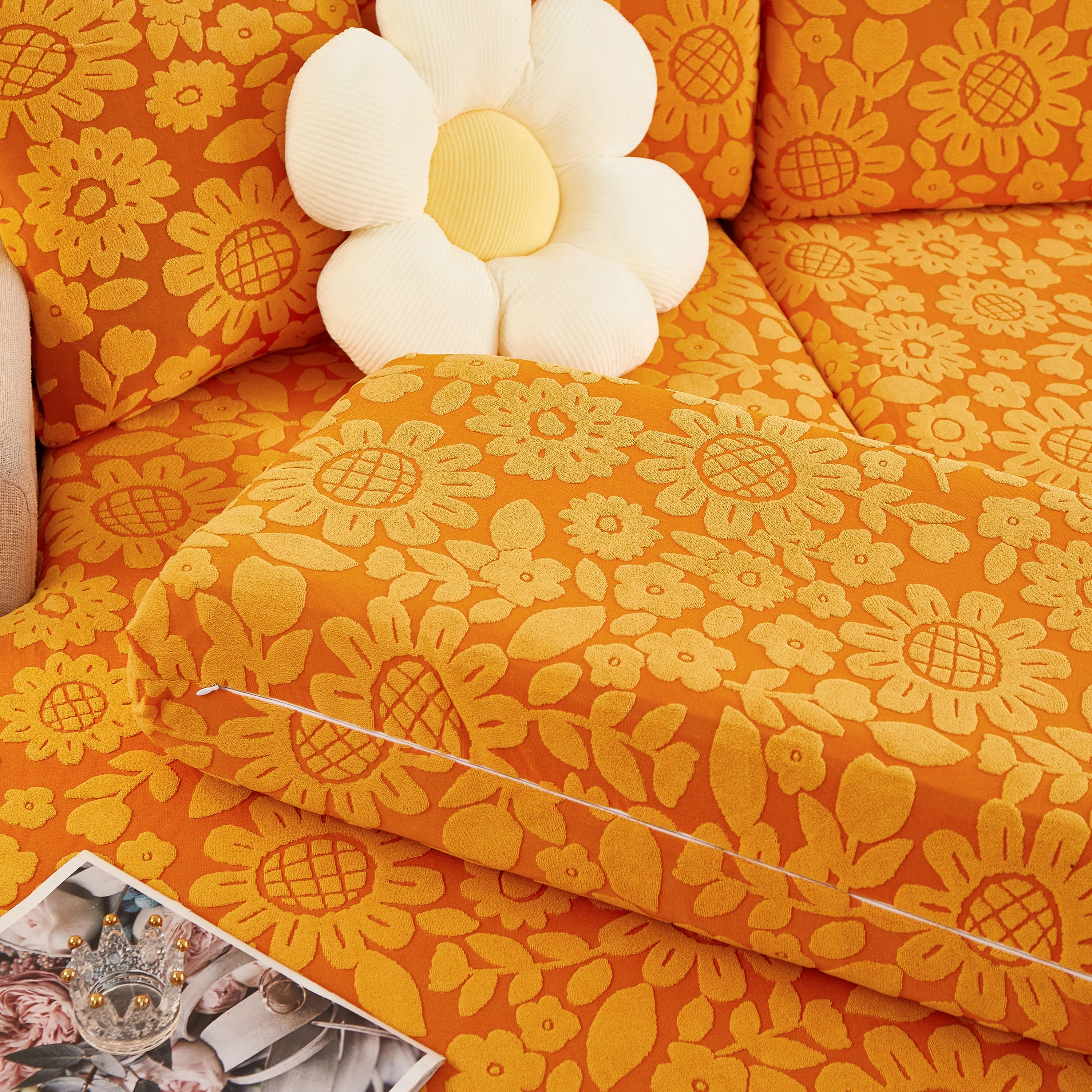 Flower Pattern Jacquard Fleece Stretch Sofa Cover, Non-Slip L-Shaped Couch Cushion Covers for Pets - Image 3