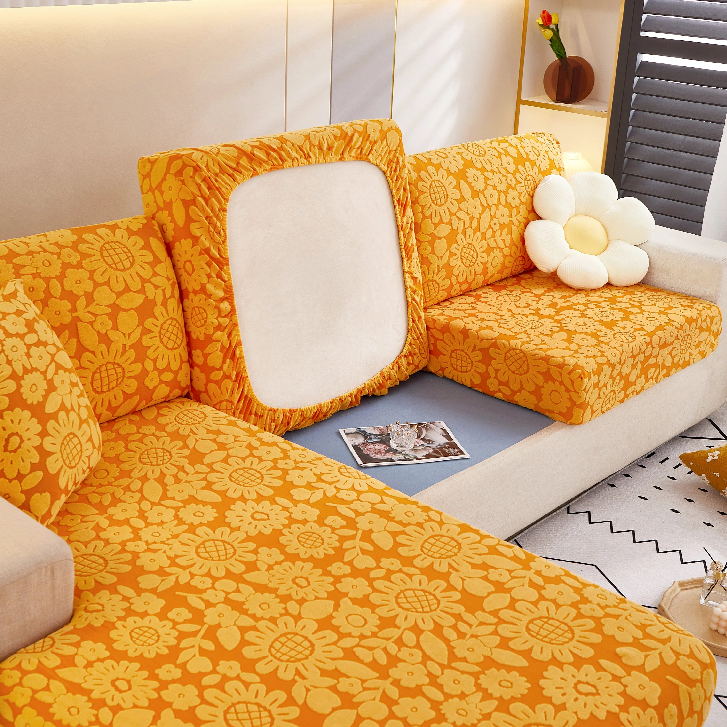 Flower Pattern Jacquard Fleece Stretch Sofa Cover, Non-Slip L-Shaped Couch Cushion Covers for Pets - Image 4