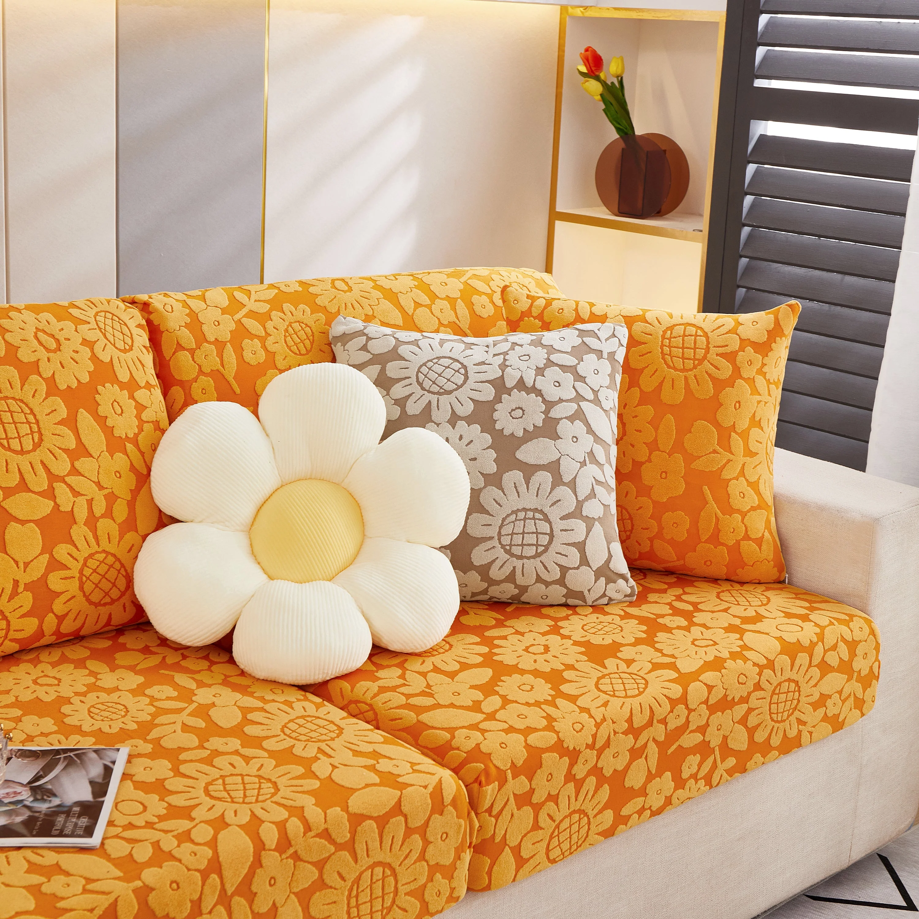 Flower Pattern Jacquard Fleece Stretch Sofa Cover, Non-Slip L-Shaped Couch Cushion Covers for Pets - Image 5