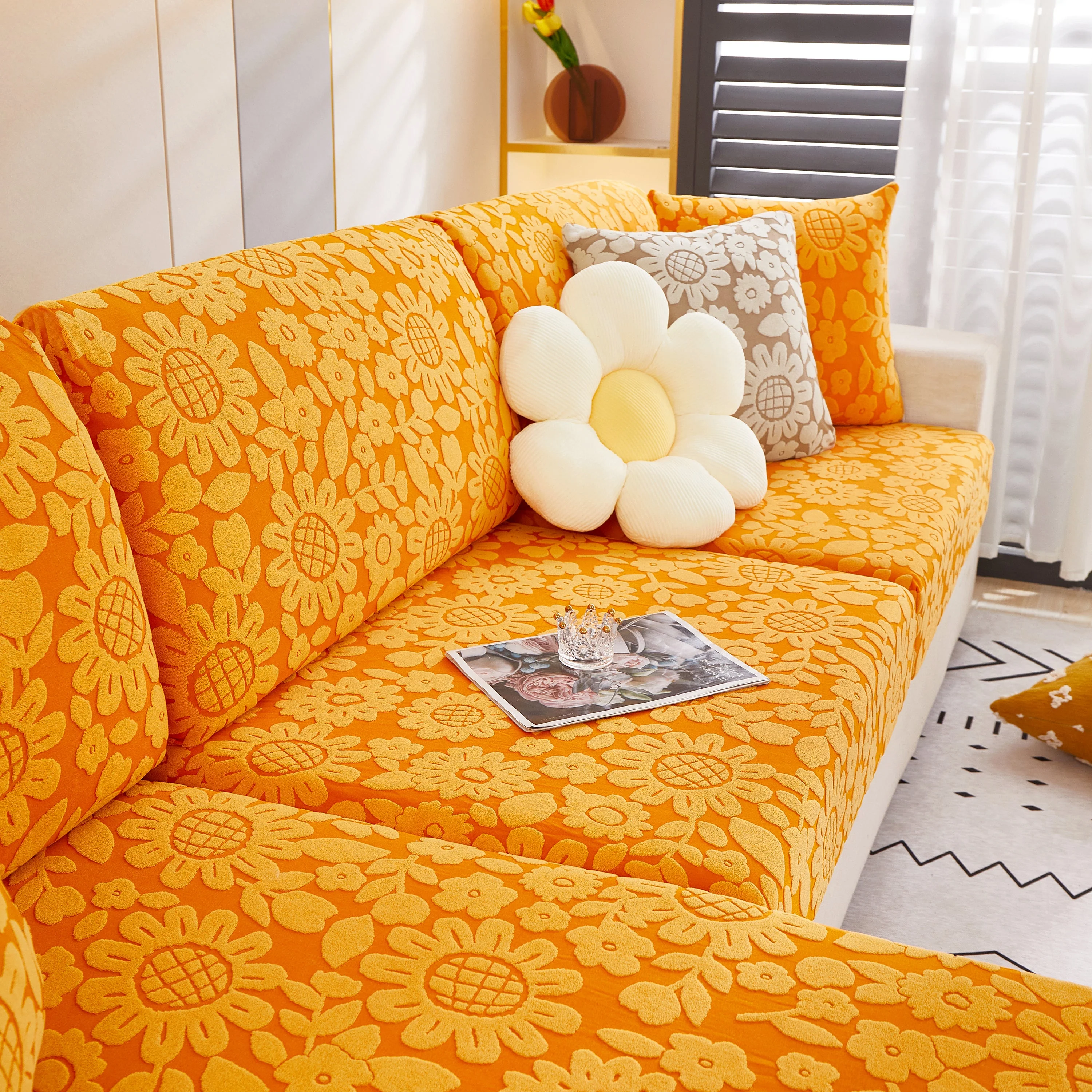 Flower Pattern Jacquard Fleece Stretch Sofa Cover, Non-Slip L-Shaped Couch Cushion Covers for Pets - Image 6