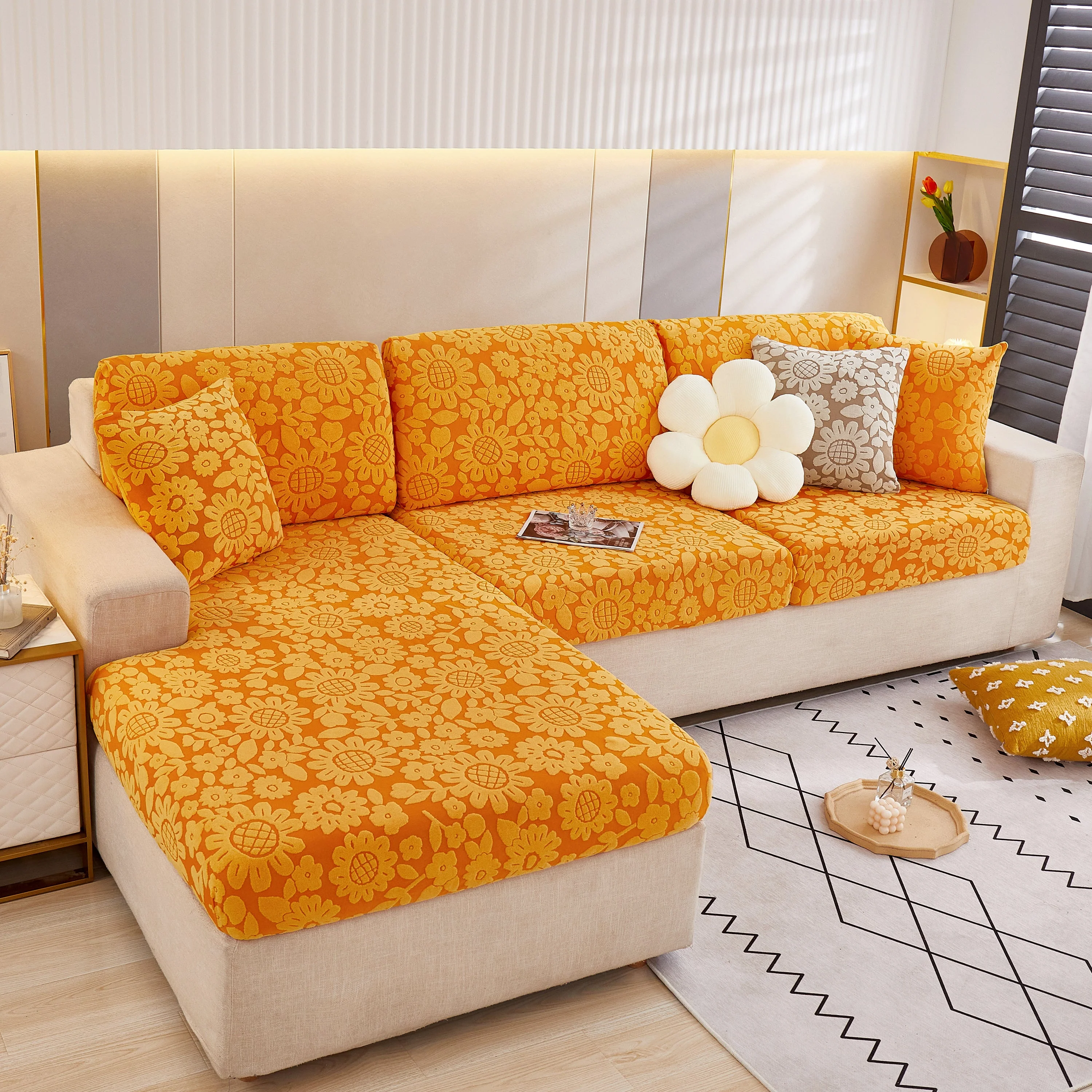 Flower Pattern Jacquard Fleece Stretch Sofa Cover, Non-Slip L-Shaped Couch Cushion Covers for Pets - Image 7