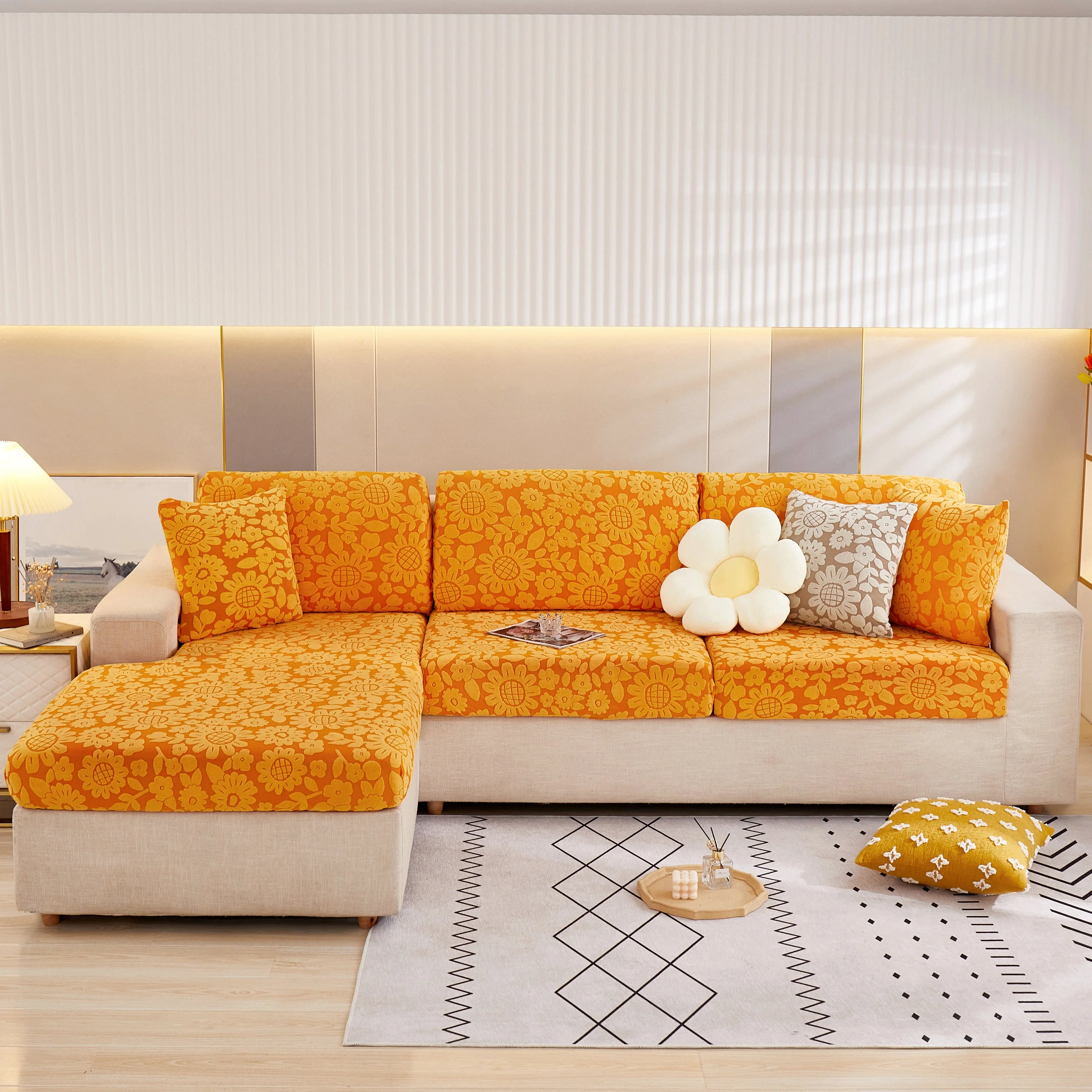 Flower Pattern Jacquard Fleece Stretch Sofa Cover, Non-Slip L-Shaped Couch Cushion Covers for Pets - Image 8