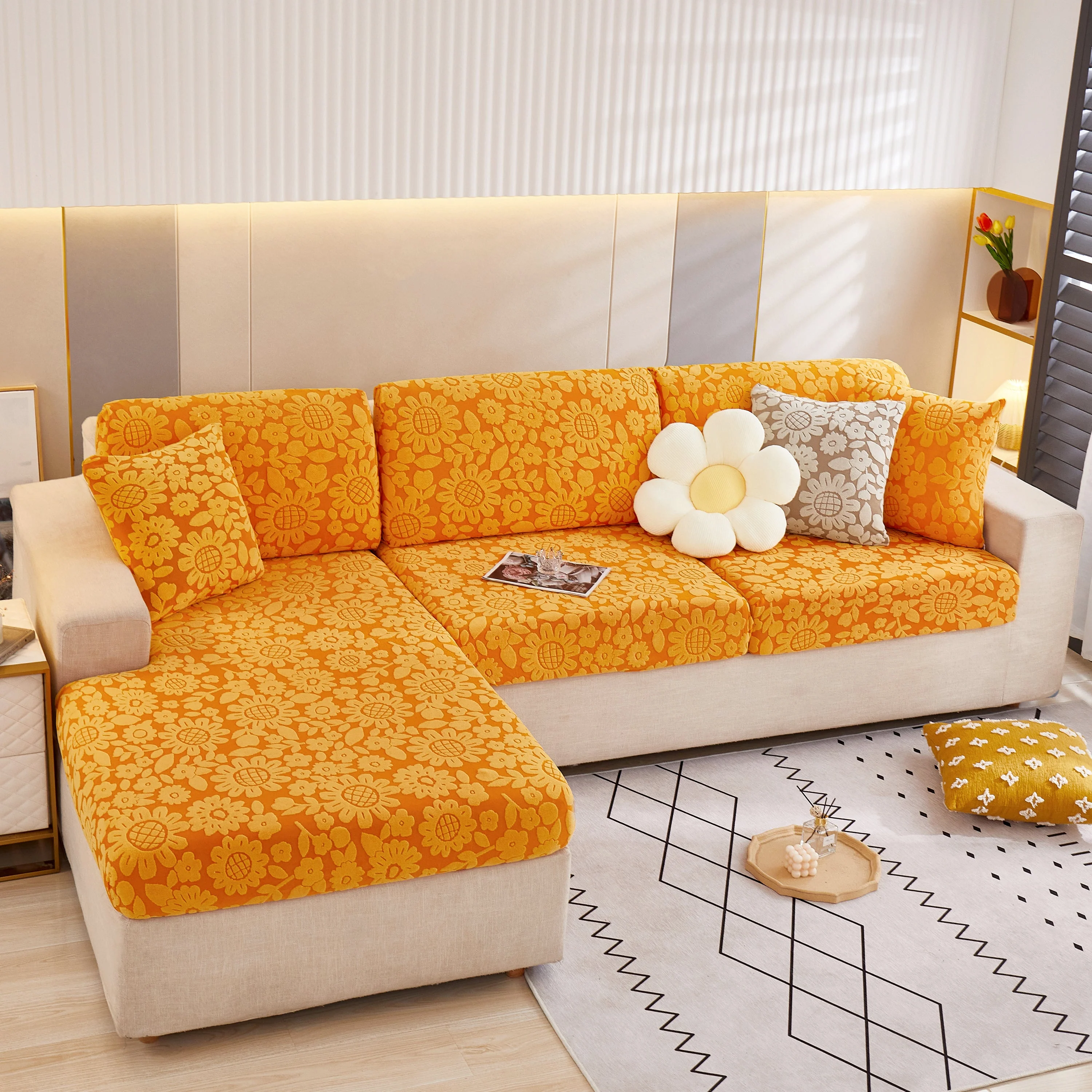 Flower Pattern Jacquard Fleece Stretch Sofa Cover, Non-Slip L-Shaped Couch Cushion Covers for Pets - Image 9