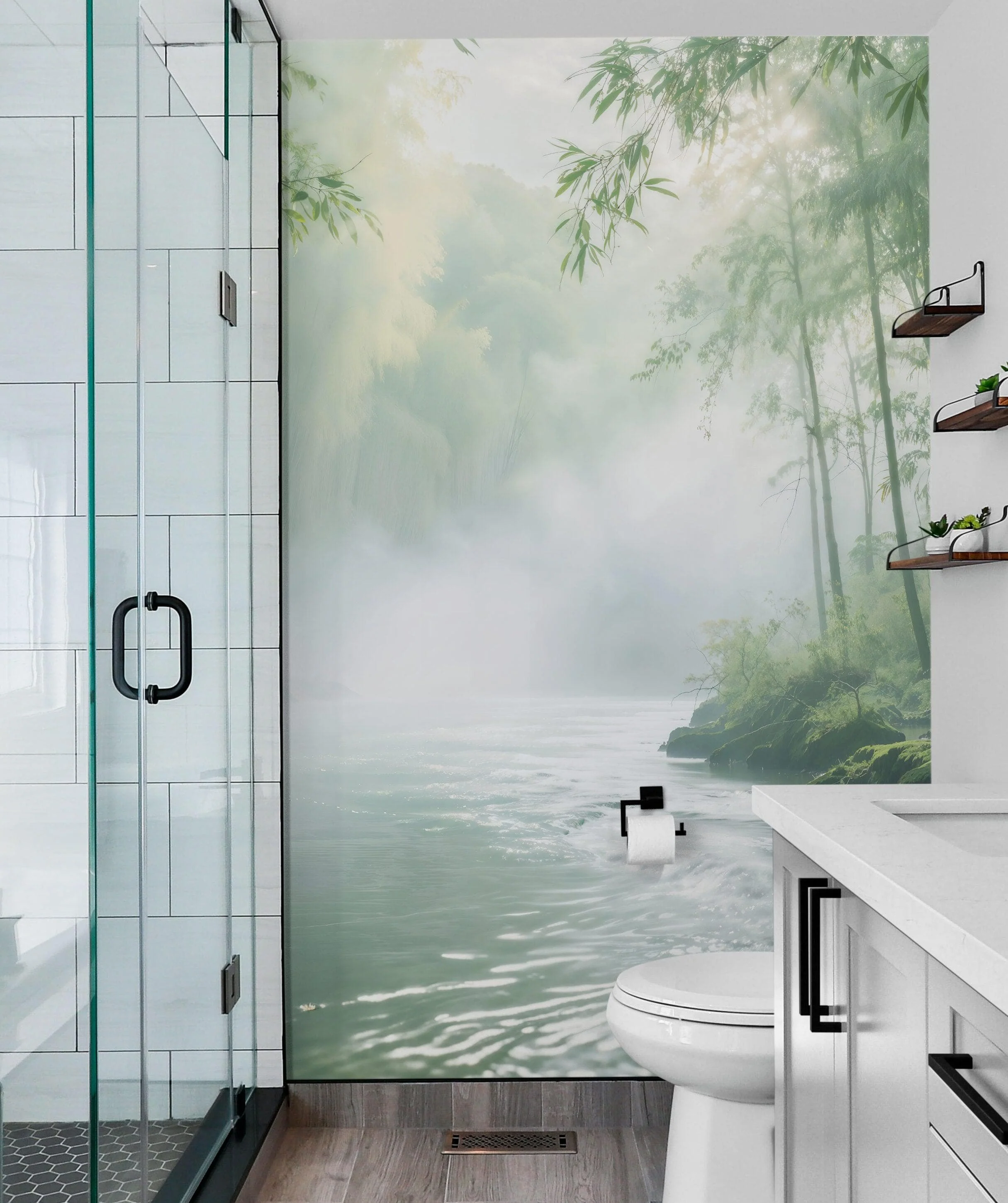 Foggy Bamboo Forest River Wallpaper Mural. #6986 - Image 3