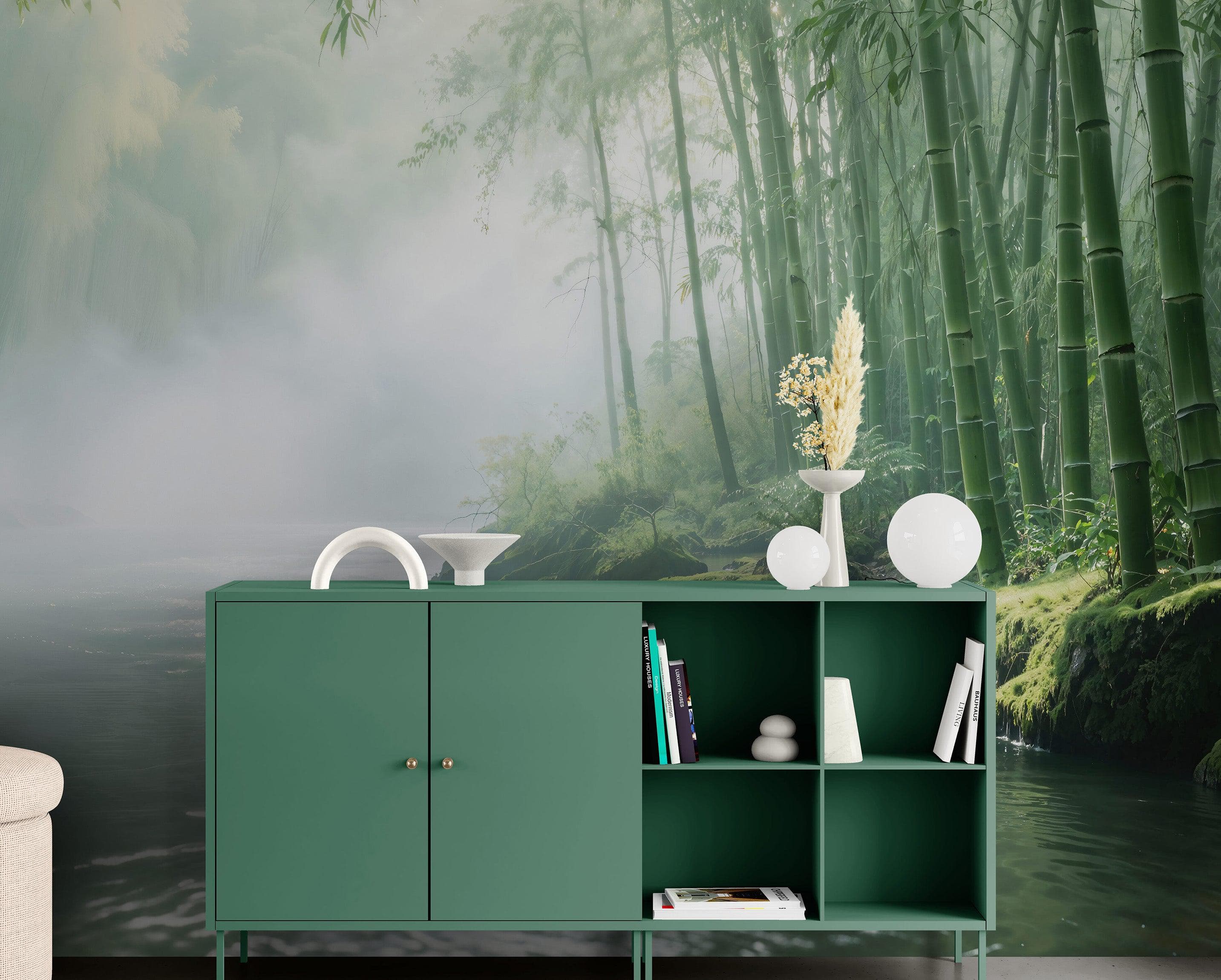 Foggy Bamboo Forest River Wallpaper Mural. #6986 - Image 4