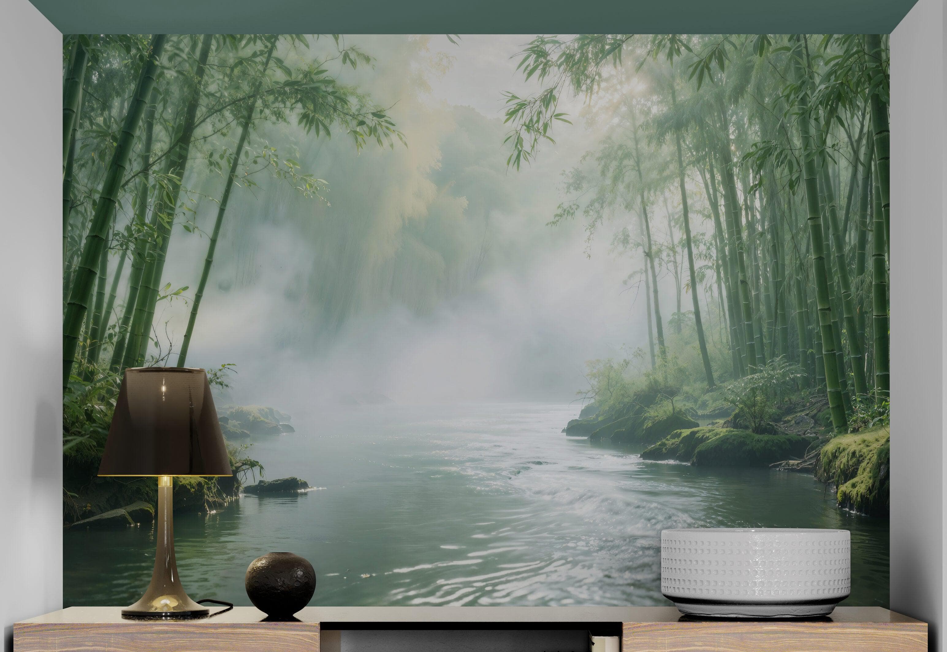 Foggy Bamboo Forest River Wallpaper Mural. #6986 - Image 5