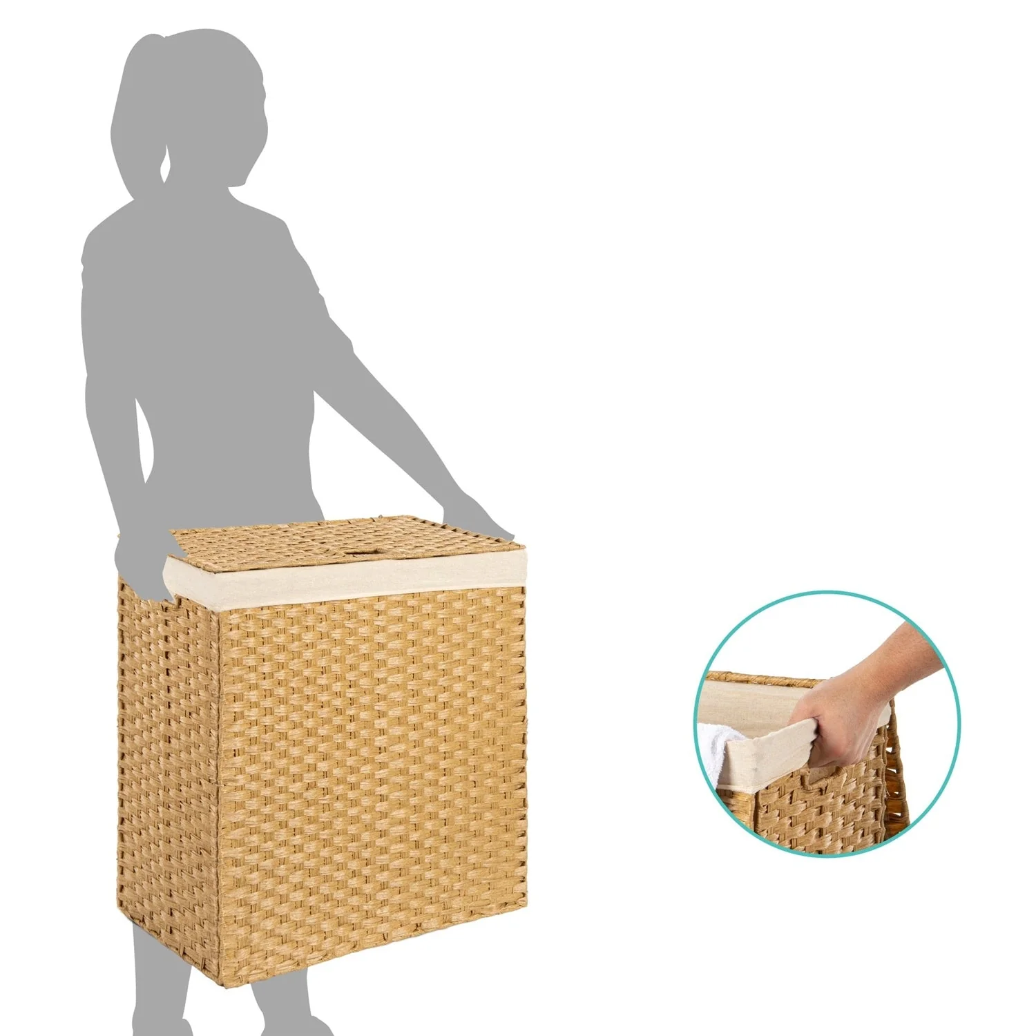 Folding 2-Bin Natural PE Wicker Linen Liner Laundry Hamper w/ Handles - Image 2