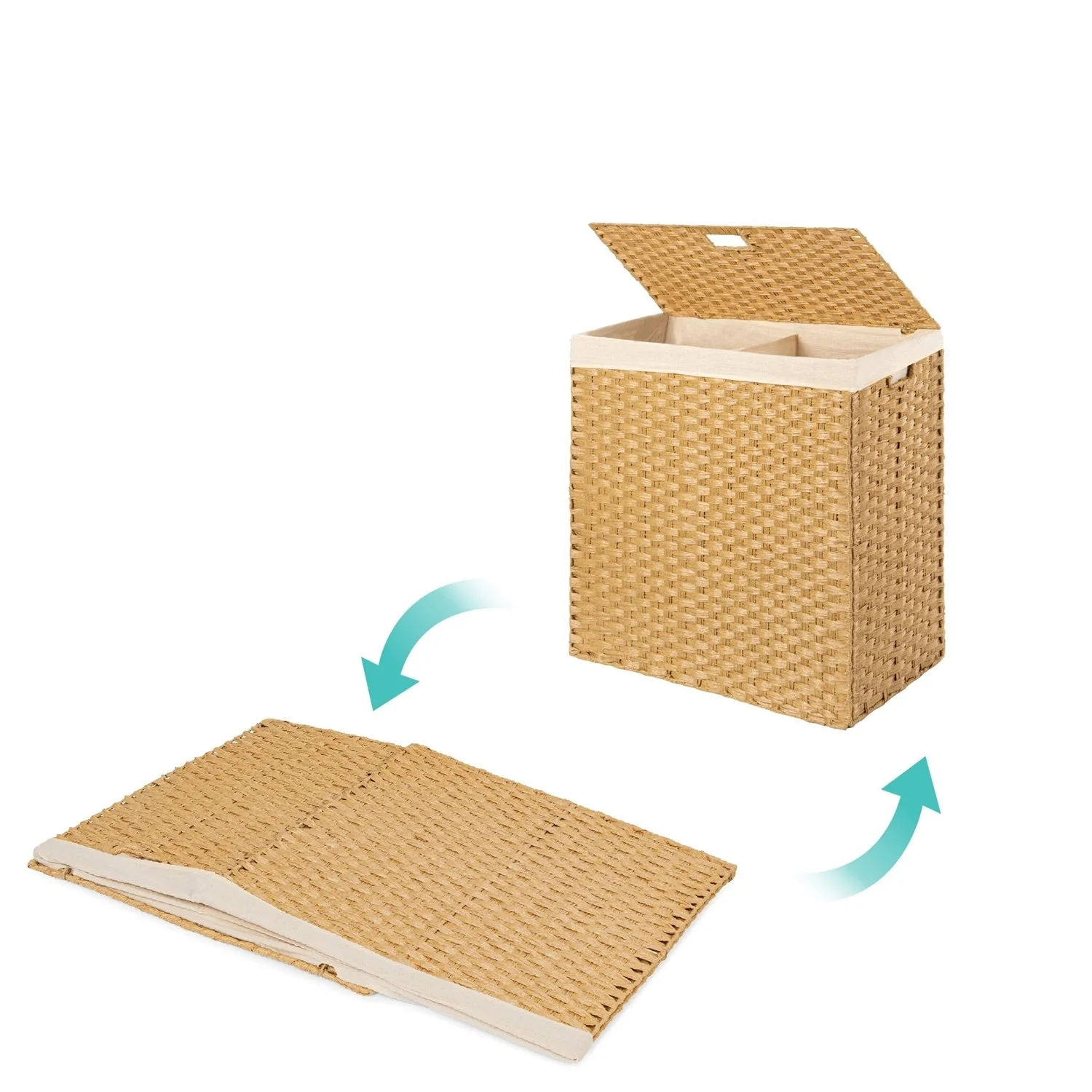 Folding 2-Bin Natural PE Wicker Linen Liner Laundry Hamper w/ Handles - Image 3