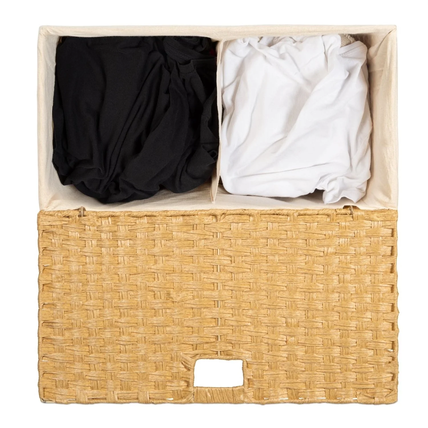 Folding 2-Bin Natural PE Wicker Linen Liner Laundry Hamper w/ Handles - Image 4