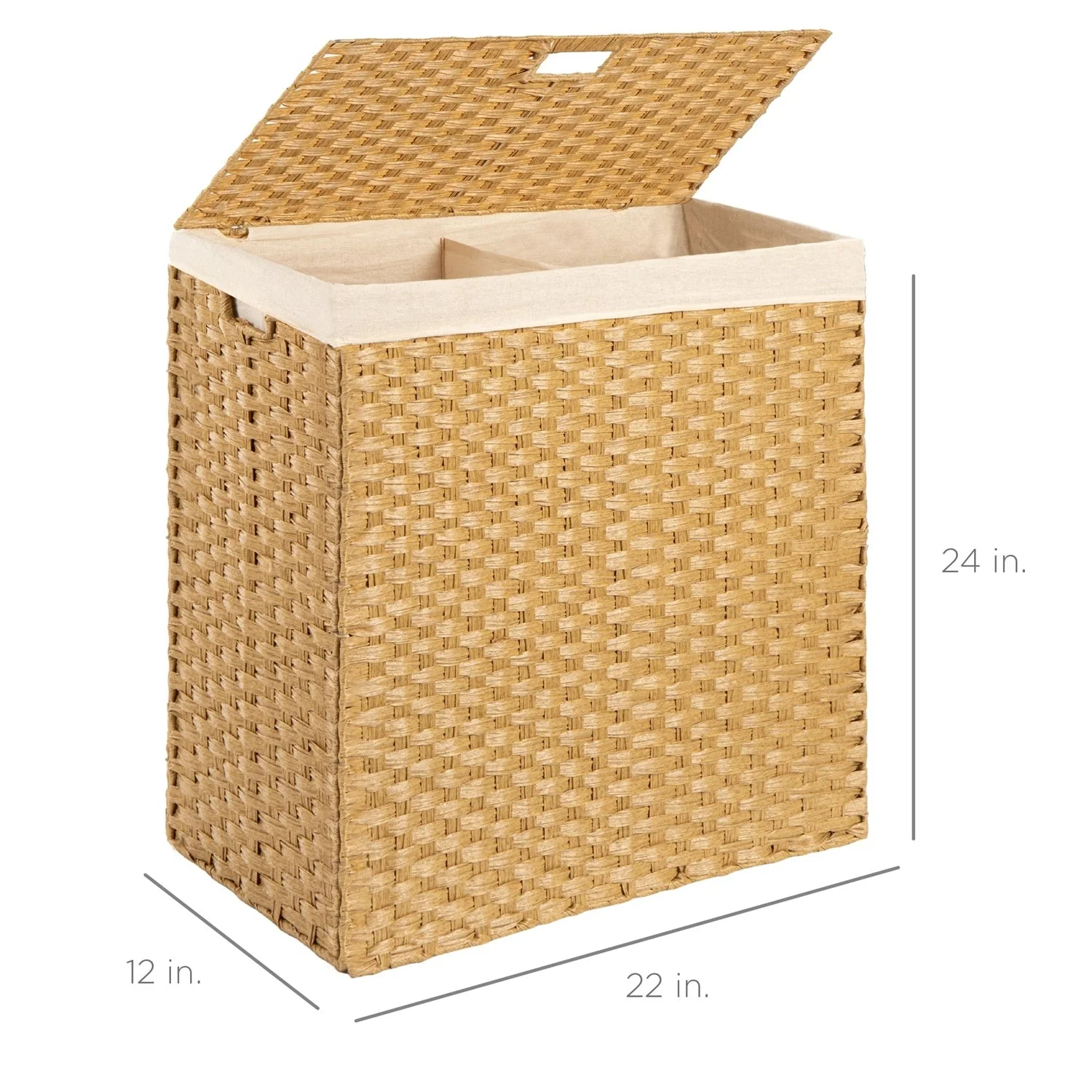 Folding 2-Bin Natural PE Wicker Linen Liner Laundry Hamper w/ Handles - Image 5