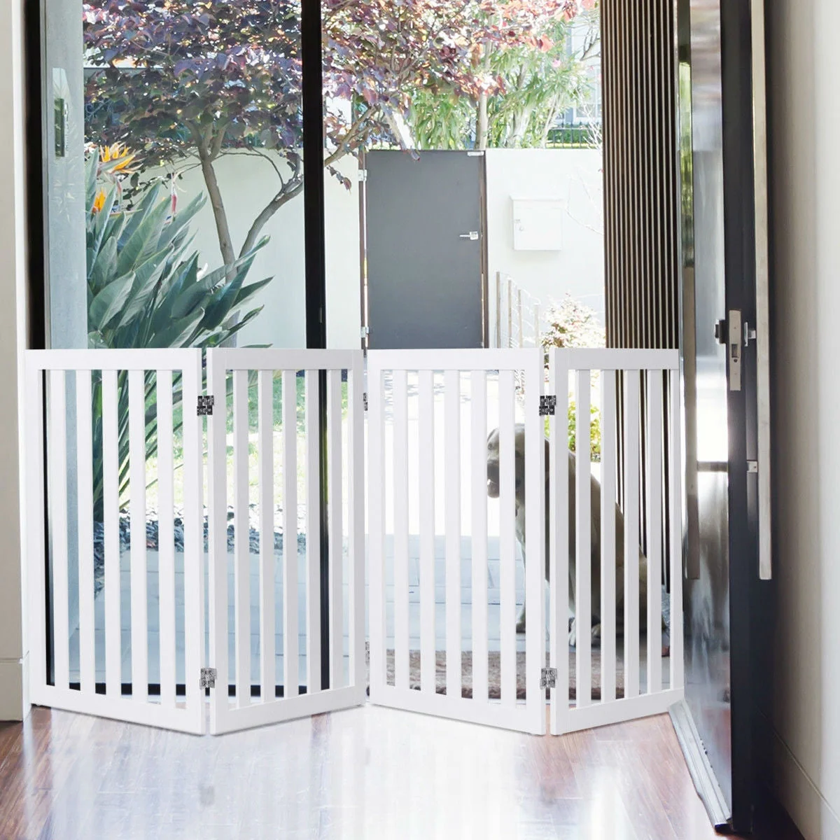 Folding 4-Panel Dog Gate Pet Fence in White Wood Finish - Image 4