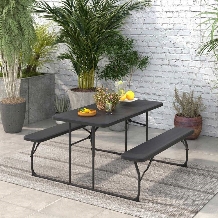 Folding Picnic Table with 2 Benches Outdoor Patio Dining Set in Black - Image 2