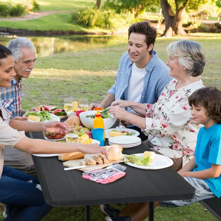 Folding Picnic Table with 2 Benches Outdoor Patio Dining Set in Black - Image 3