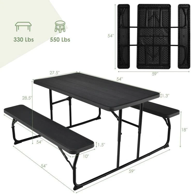 Folding Picnic Table with 2 Benches Outdoor Patio Dining Set in Black - Image 5