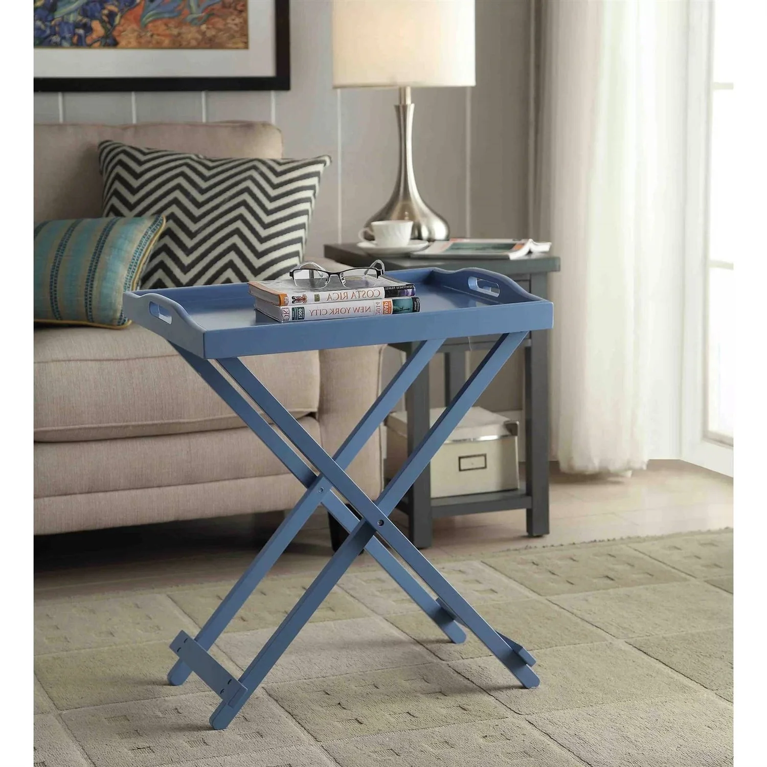 Folding TV Tray Bedside Table in Blue Wood Finish - Image 3