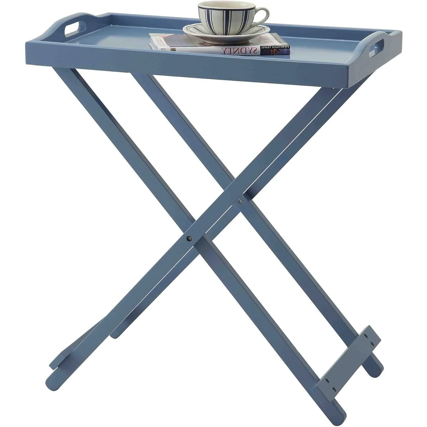 Folding TV Tray Bedside Table in Blue Wood Finish - Image 4