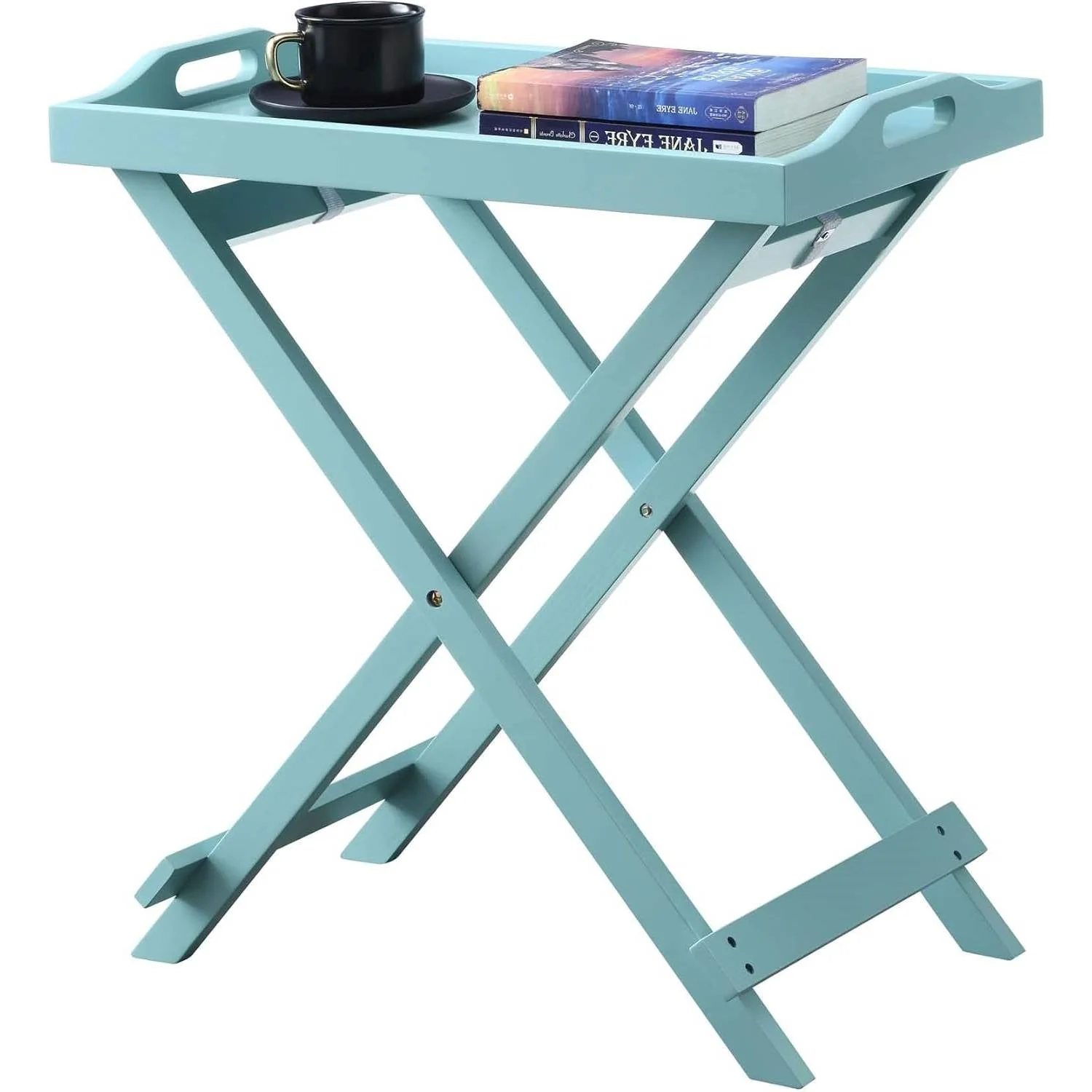 Folding TV Tray Bedside Table in Light Blue Teal Turquoise Seafoam Wood Finish - Image 2