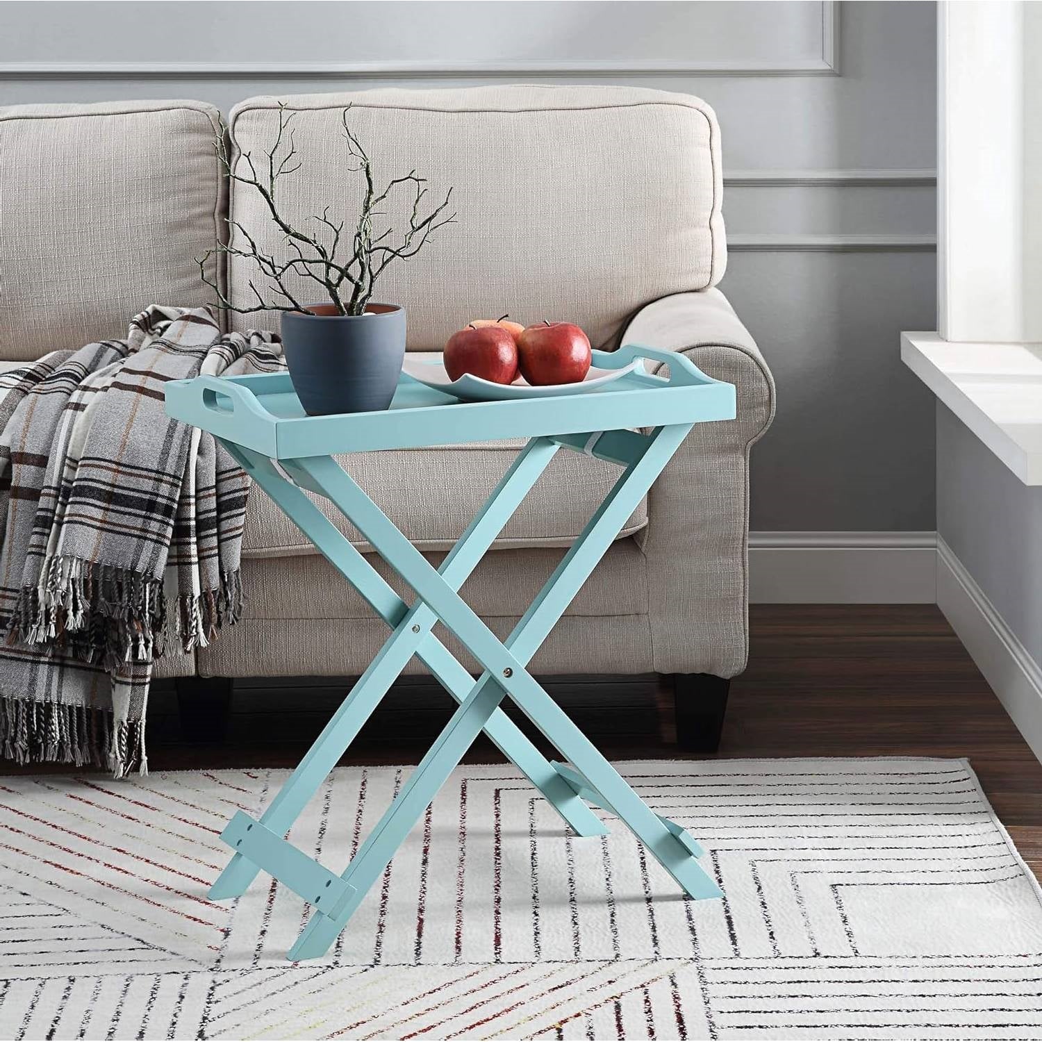 Folding TV Tray Bedside Table in Light Blue Teal Turquoise Seafoam Wood Finish - Image 3