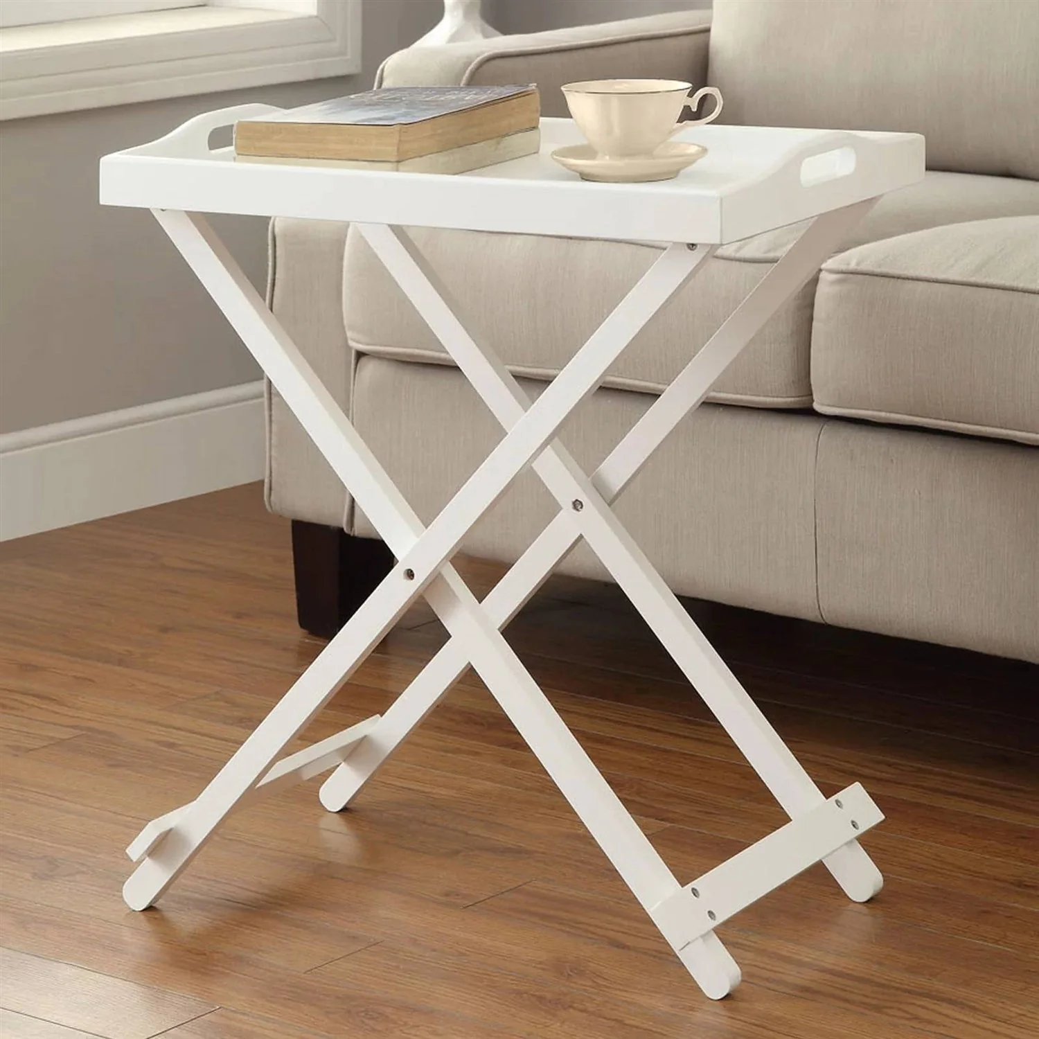 Folding TV Tray Bedside Table in White Wood Finish - Image 2