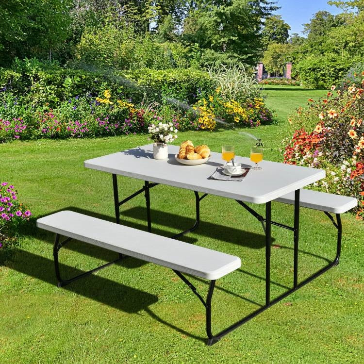Folding White HDPE Picnic Table with 2 Benches Outdoor Patio Furniture Set - Image 2