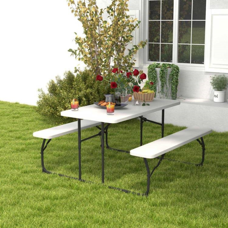 Folding White HDPE Picnic Table with 2 Benches Outdoor Patio Furniture Set - Image 3