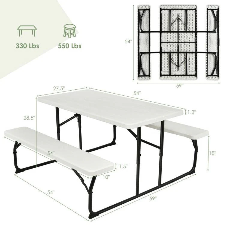 Folding White HDPE Picnic Table with 2 Benches Outdoor Patio Furniture Set - Image 5