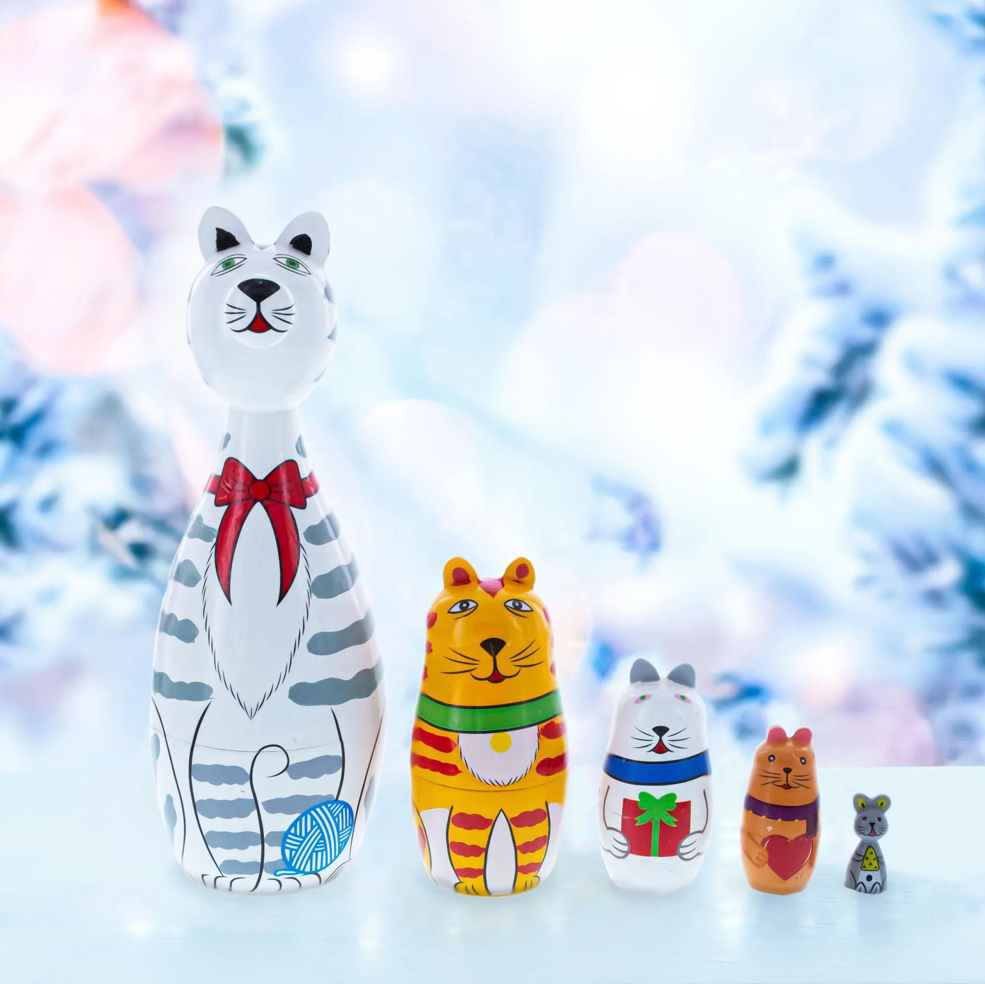 Four Cats and Mouse Wooden Nesting Dolls 7 Inches - Image 2
