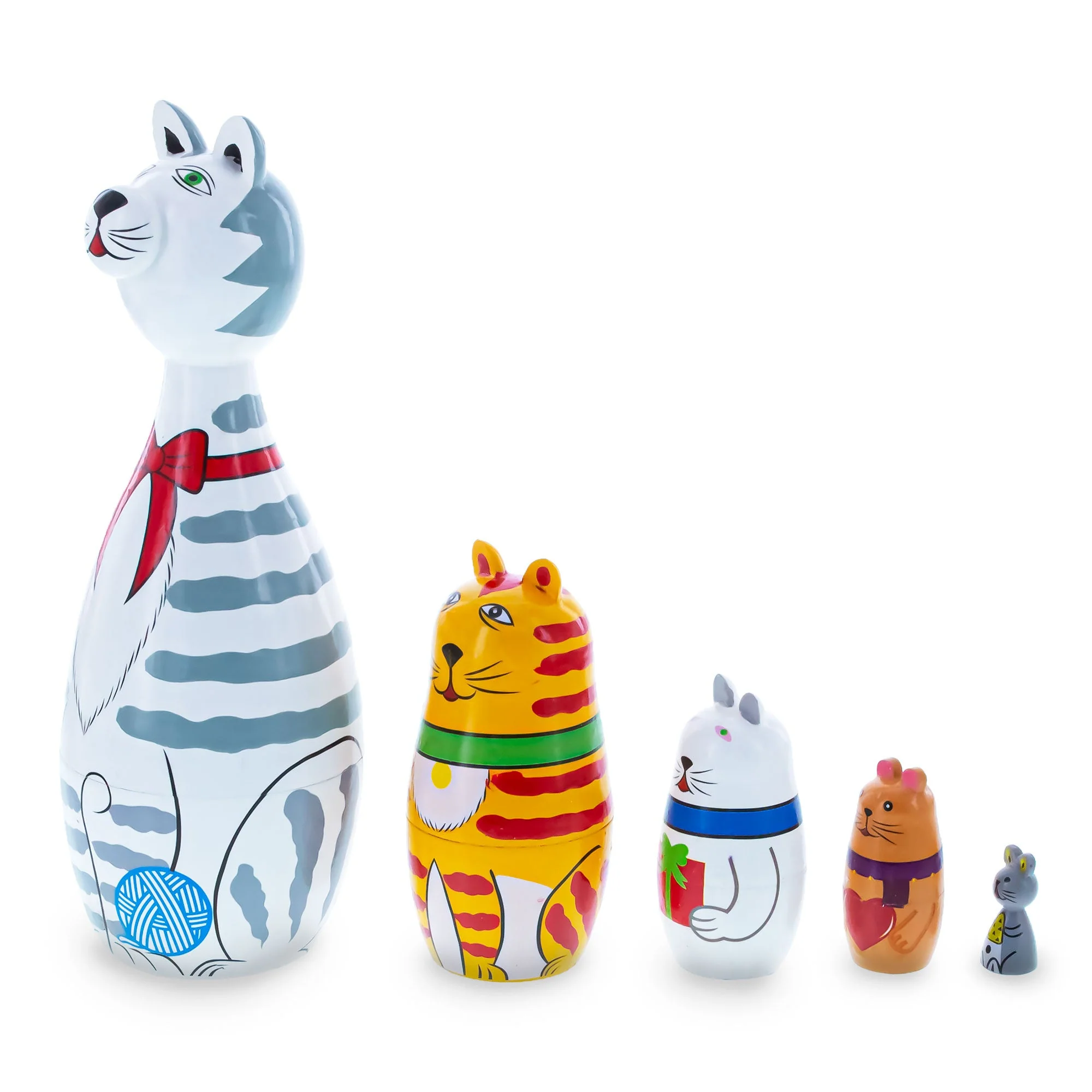 Four Cats and Mouse Wooden Nesting Dolls 7 Inches - Image 3