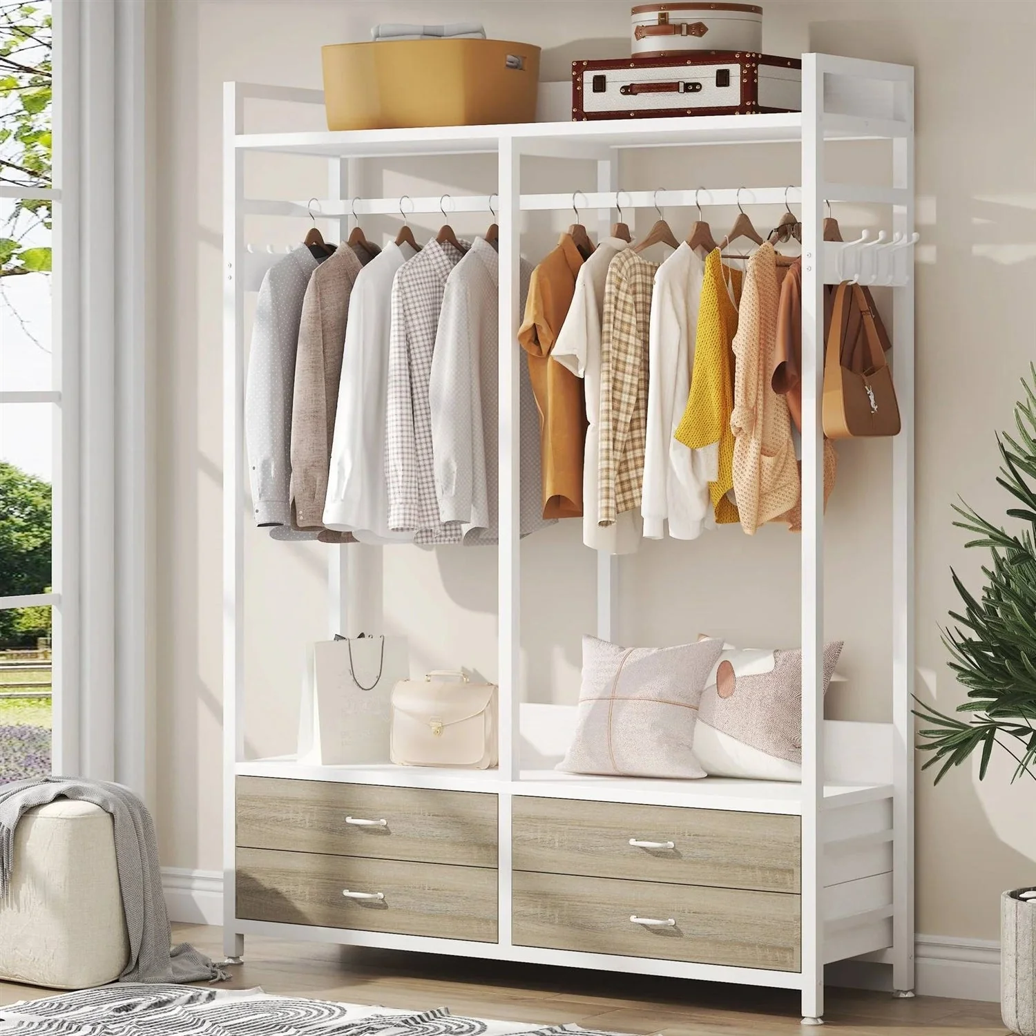 Freestanding White Oak Garment Rack Clothes Hanging Rod with 4 Storage Drawers - Image 2