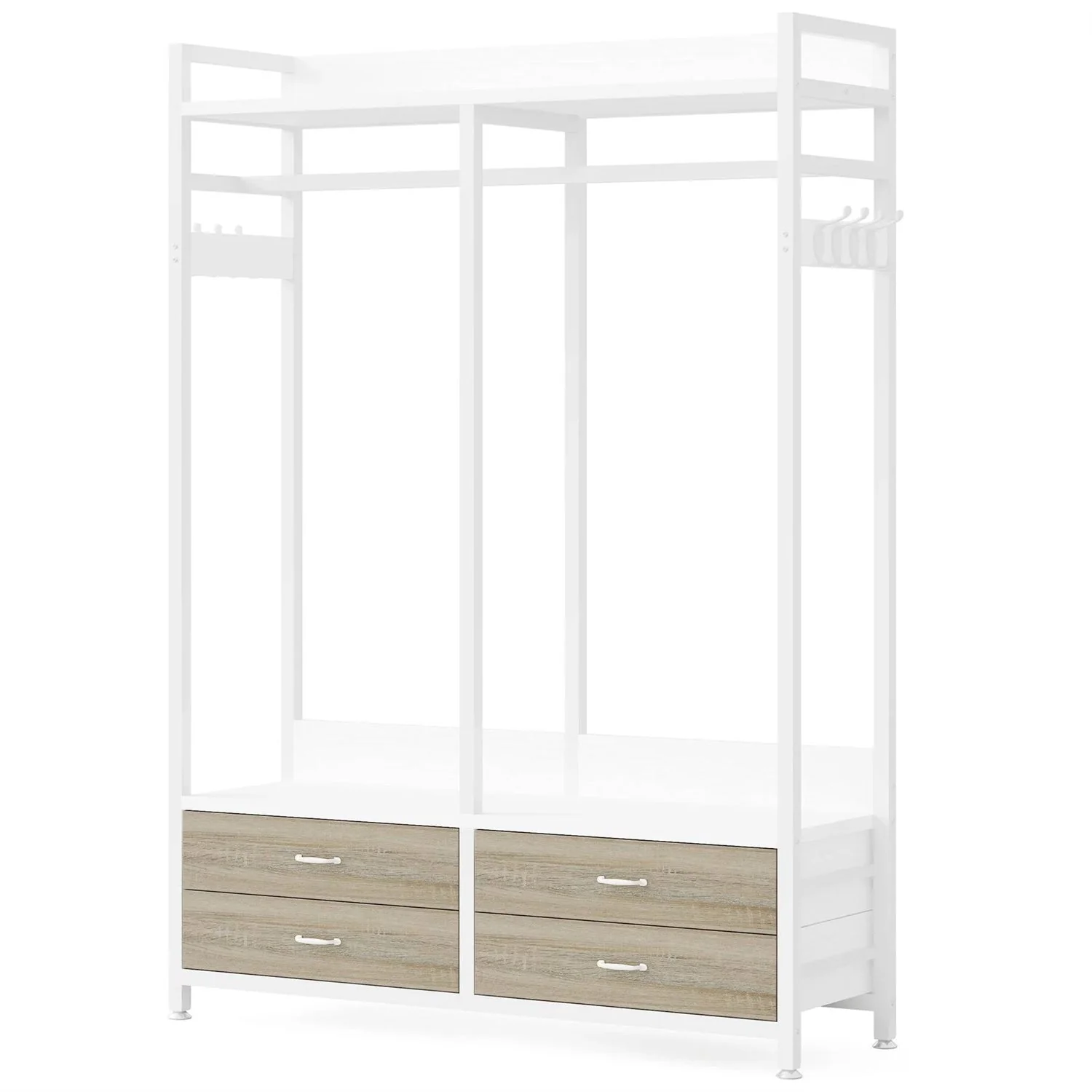 Freestanding White Oak Garment Rack Clothes Hanging Rod with 4 Storage Drawers - Image 3