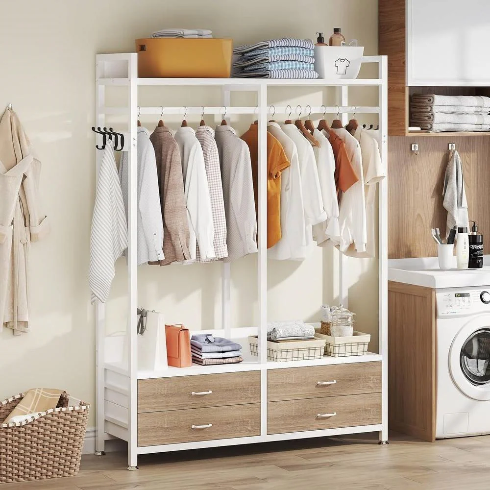Freestanding White Oak Garment Rack Clothes Hanging Rod with 4 Storage Drawers - Image 4