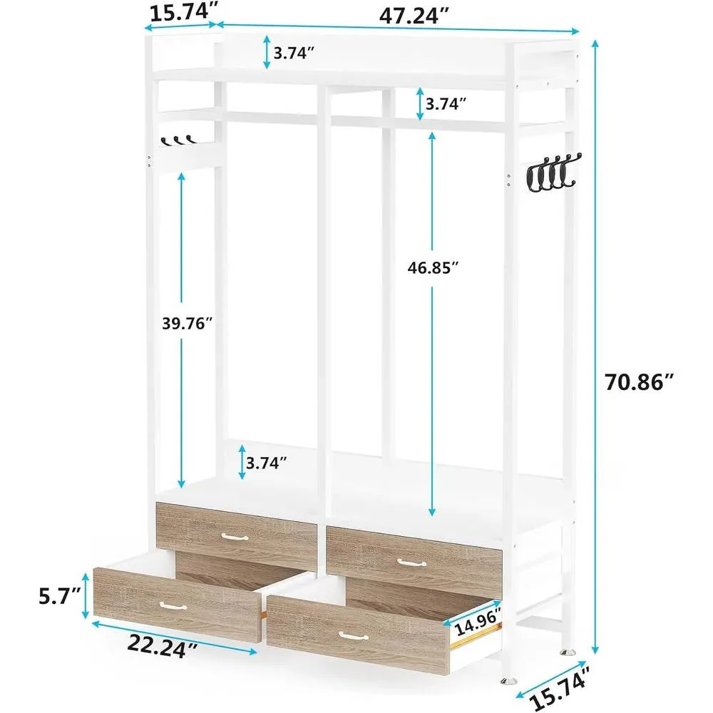 Freestanding White Oak Garment Rack Clothes Hanging Rod with 4 Storage Drawers - Image 5
