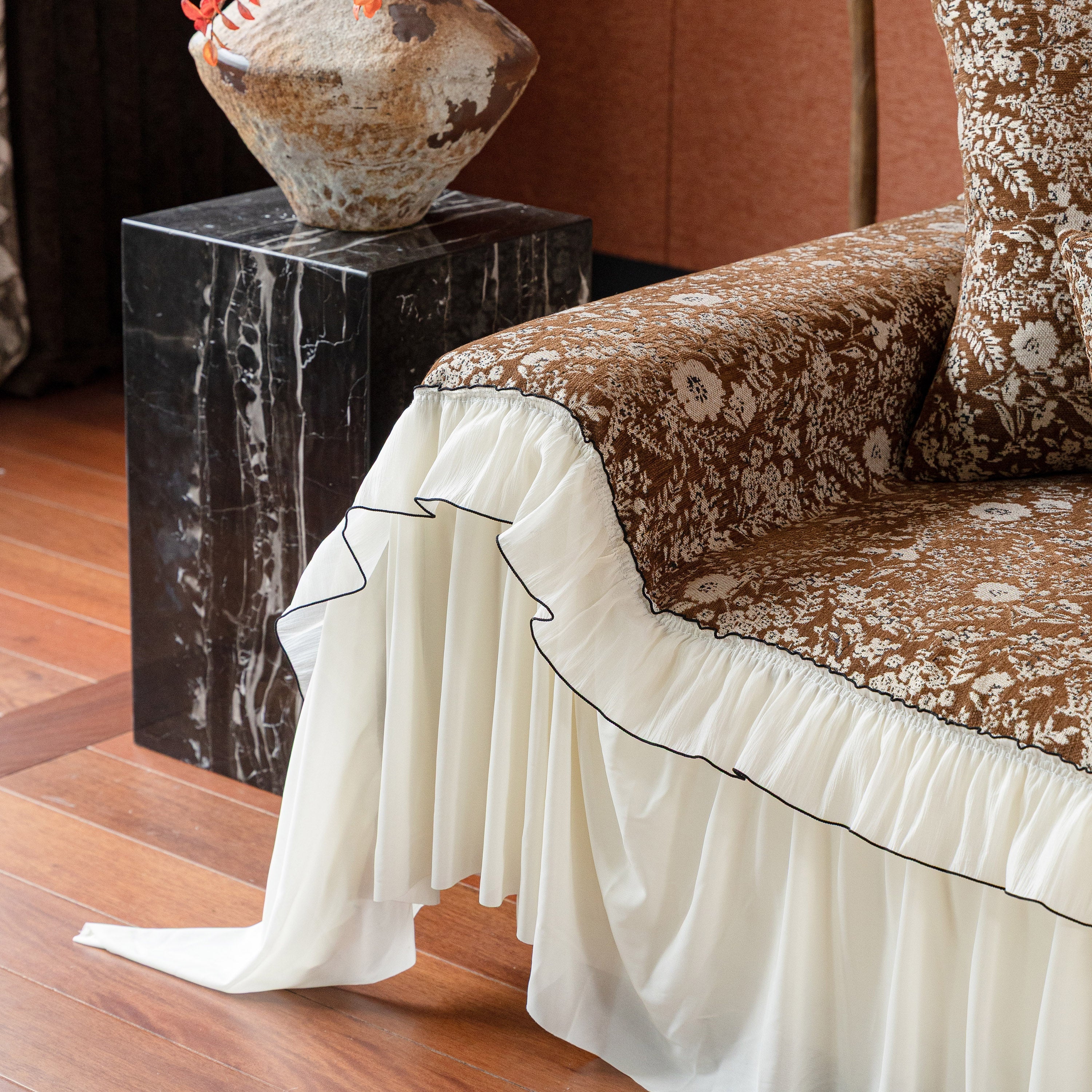 French Country Floral Sofa Cover with Chiffon Ruffle Skirt, Vintage Sofa Throw Cover - Image 10