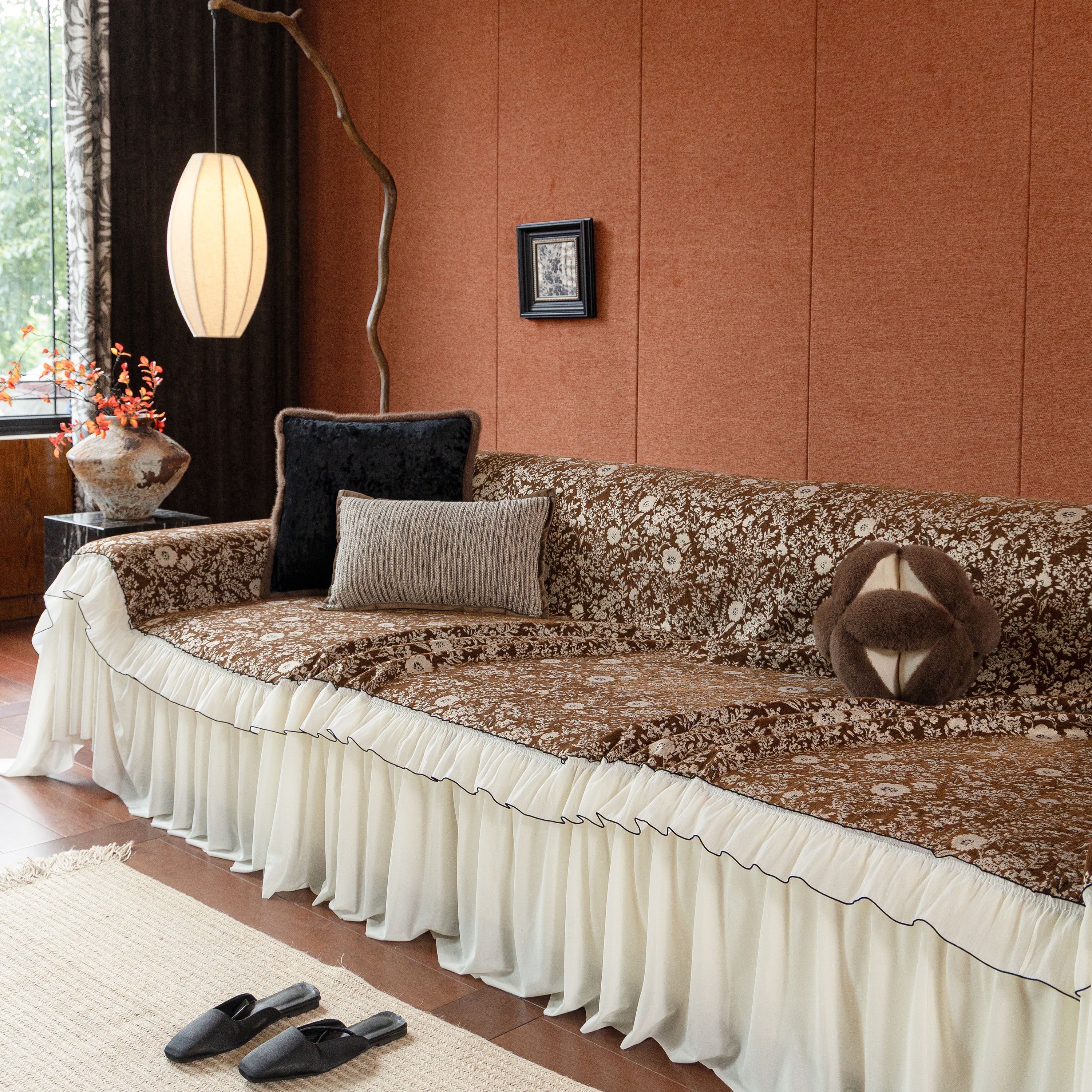 French Country Floral Sofa Cover with Chiffon Ruffle Skirt, Vintage Sofa Throw Cover - Image 12