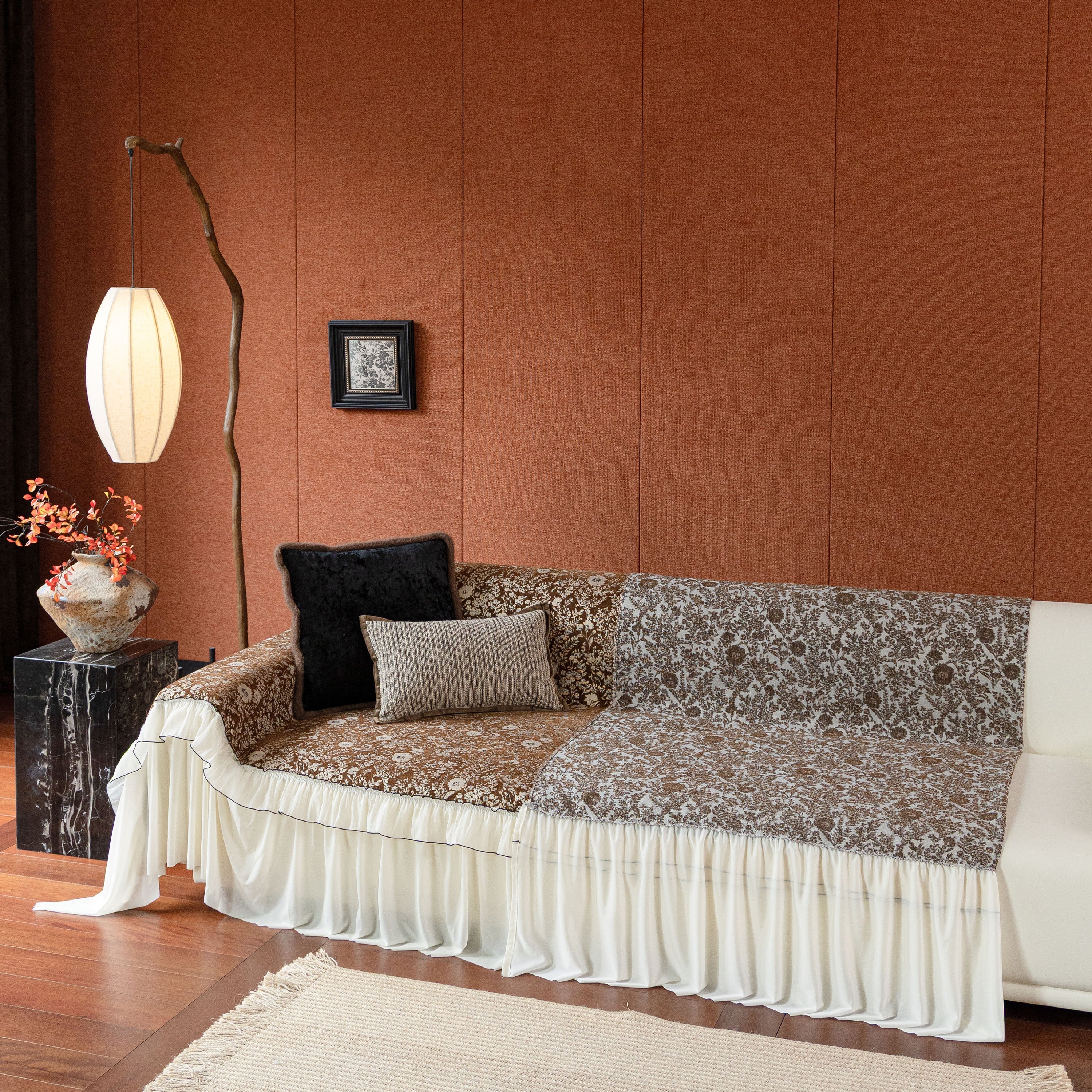 French Country Floral Sofa Cover with Chiffon Ruffle Skirt, Vintage Sofa Throw Cover - Image 13
