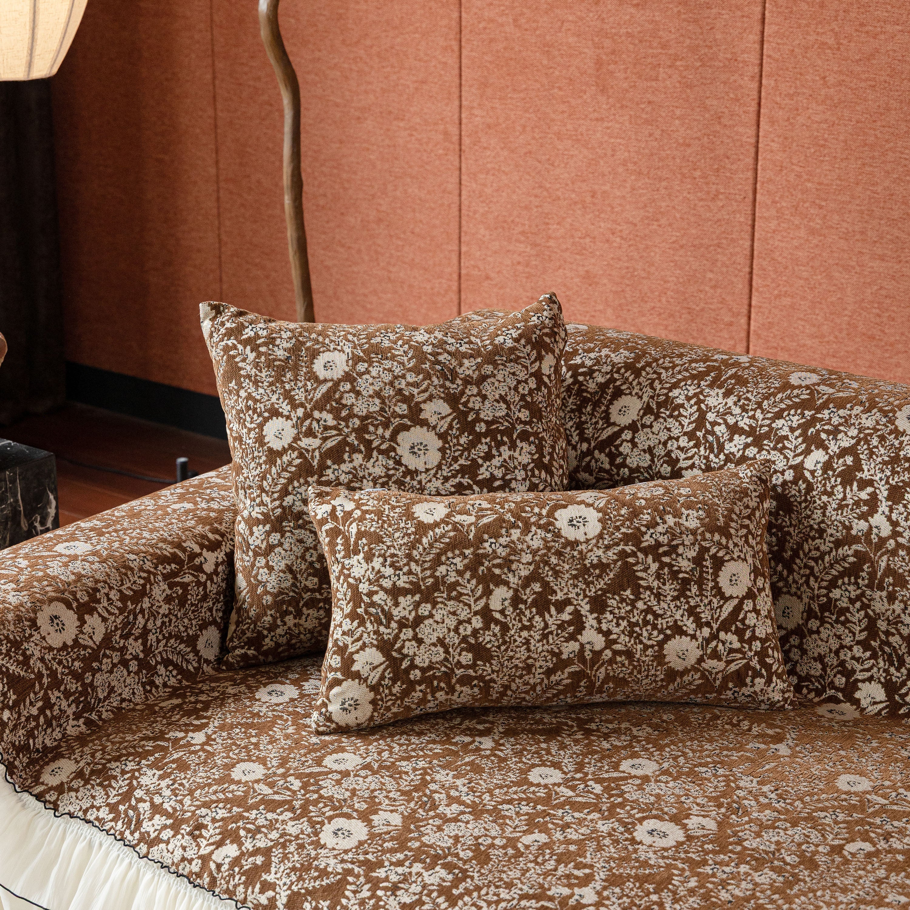 French Country Floral Sofa Cover with Chiffon Ruffle Skirt, Vintage Sofa Throw Cover - Image 14
