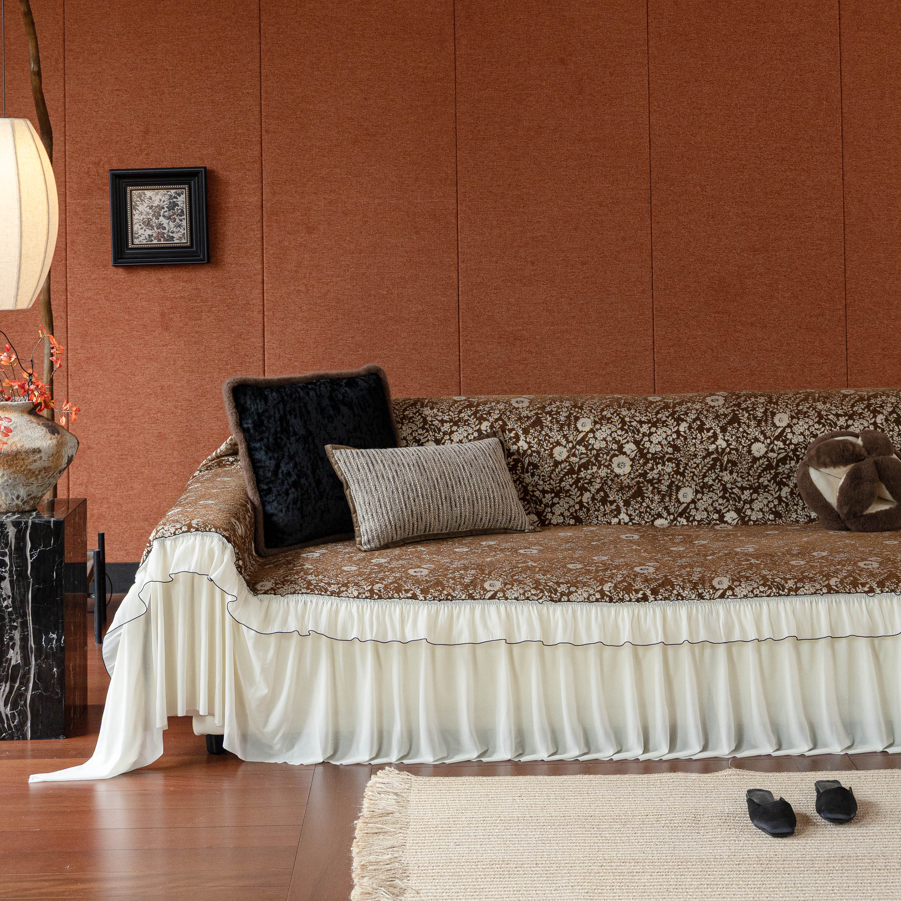 French Country Floral Sofa Cover with Chiffon Ruffle Skirt, Vintage Sofa Throw Cover - Image 2