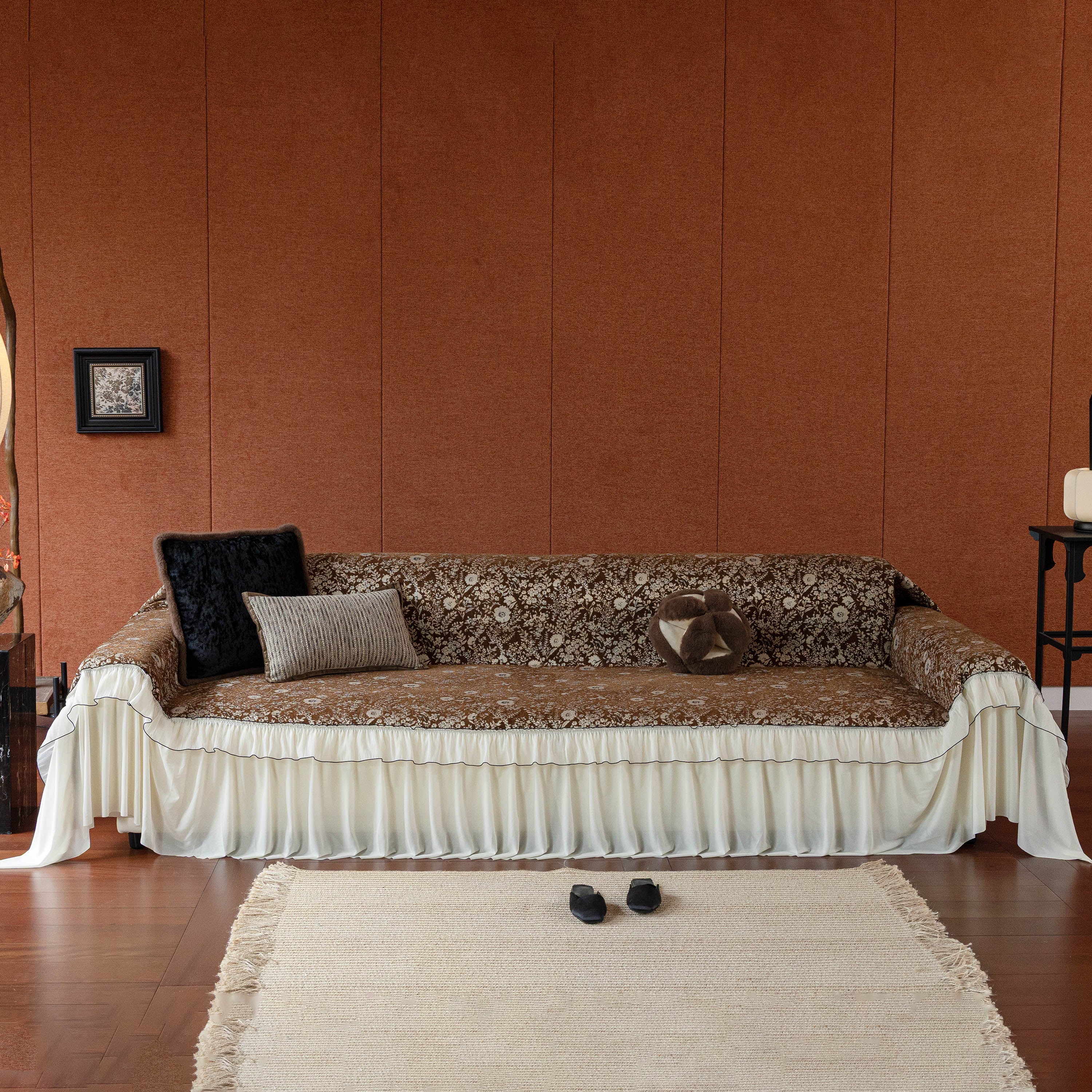 French Country Floral Sofa Cover with Chiffon Ruffle Skirt, Vintage Sofa Throw Cover - Image 20