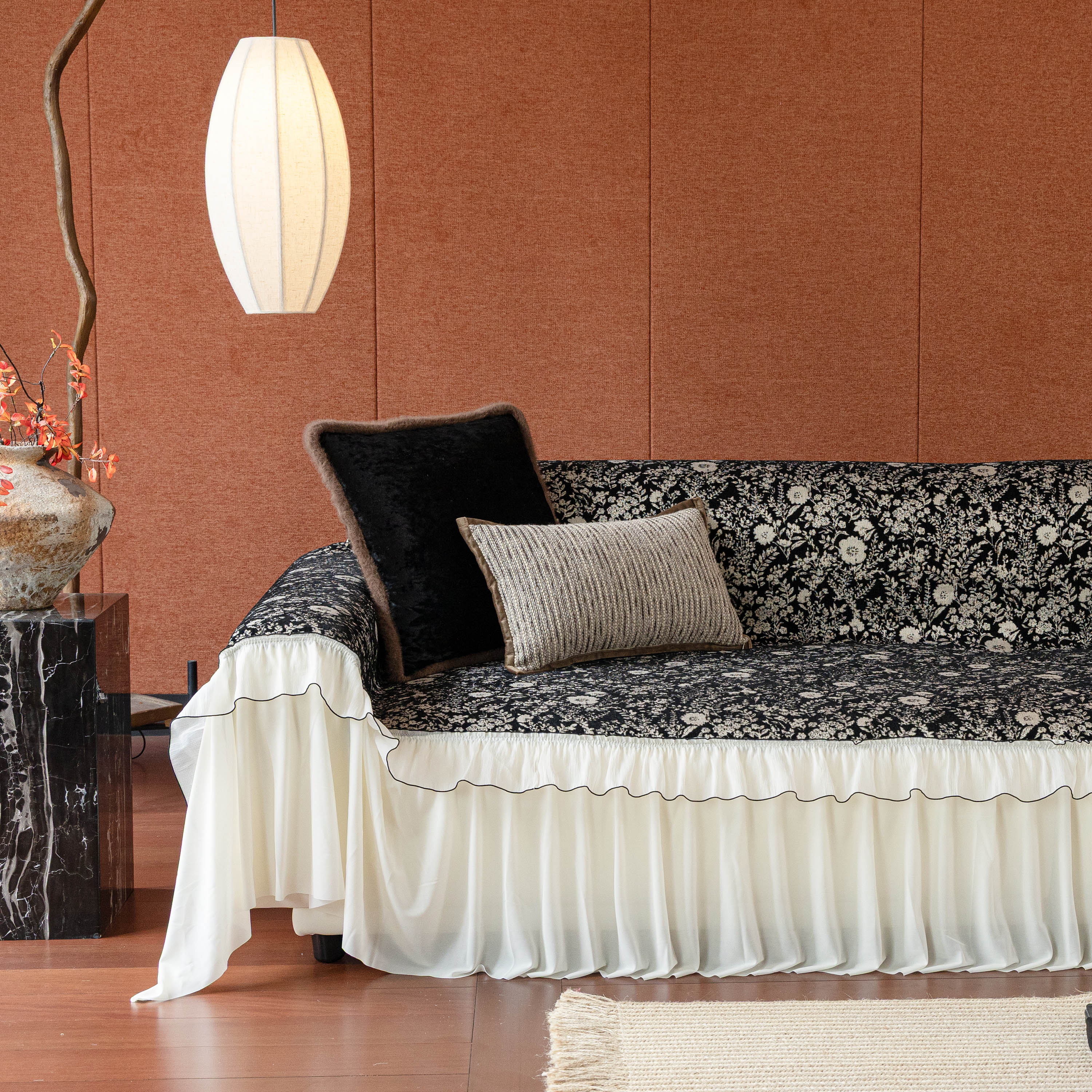 French Country Floral Sofa Cover with Chiffon Ruffle Skirt, Vintage Sofa Throw Cover - Image 21