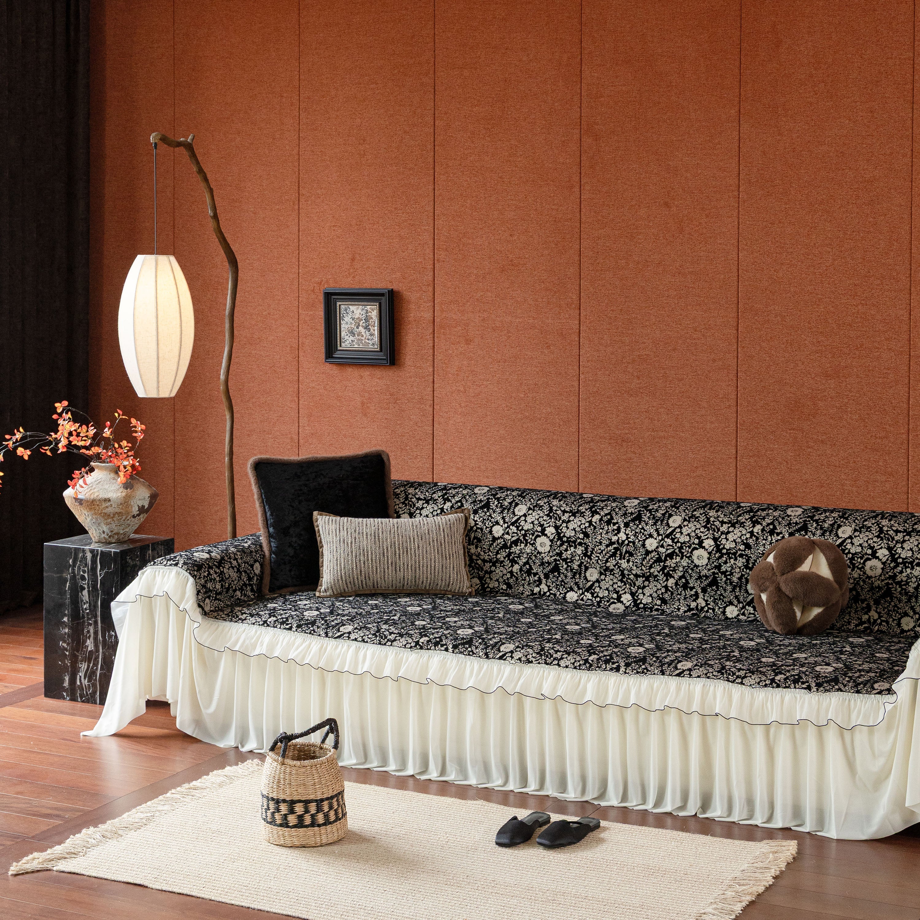 French Country Floral Sofa Cover with Chiffon Ruffle Skirt, Vintage Sofa Throw Cover - Image 23