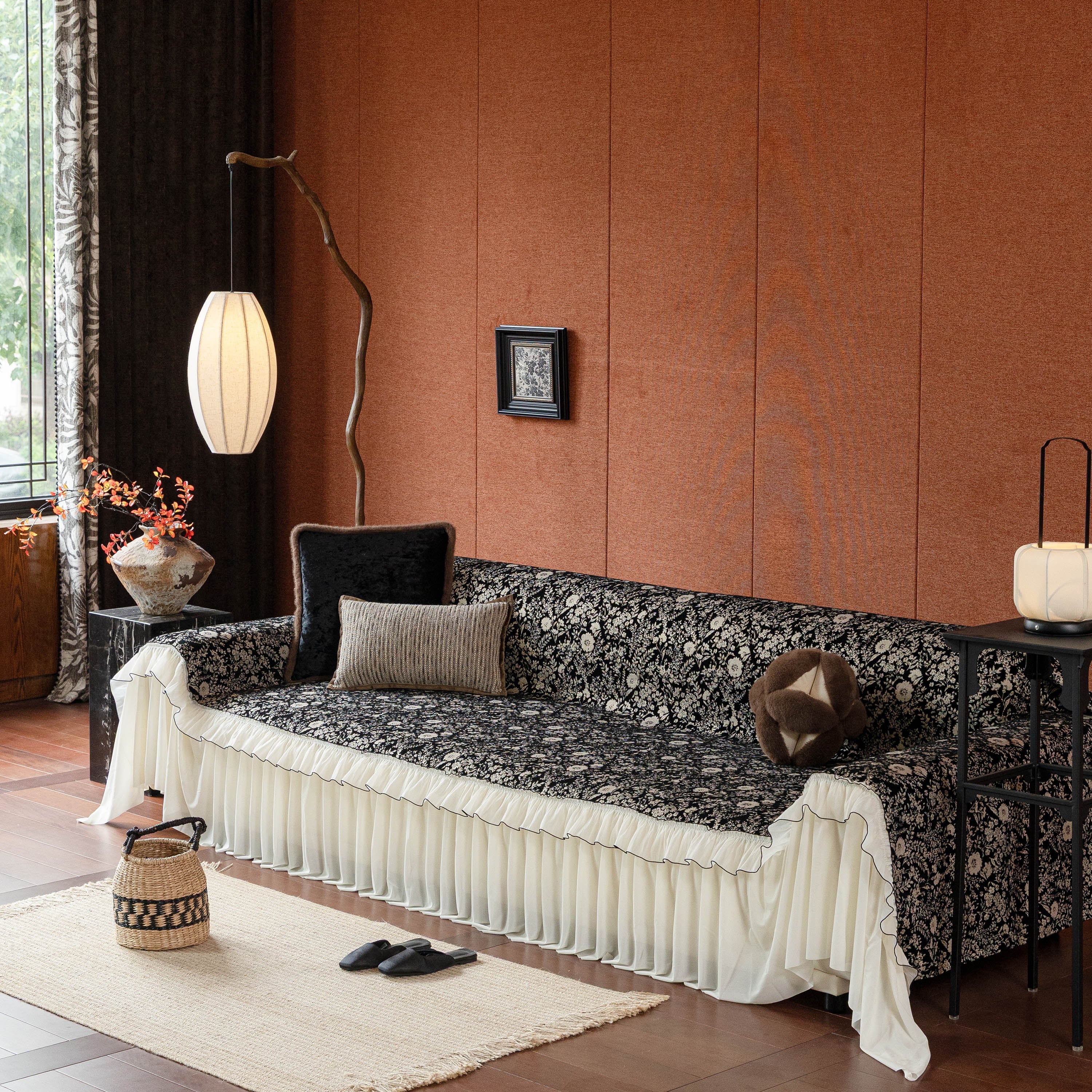 French Country Floral Sofa Cover with Chiffon Ruffle Skirt, Vintage Sofa Throw Cover - Image 26