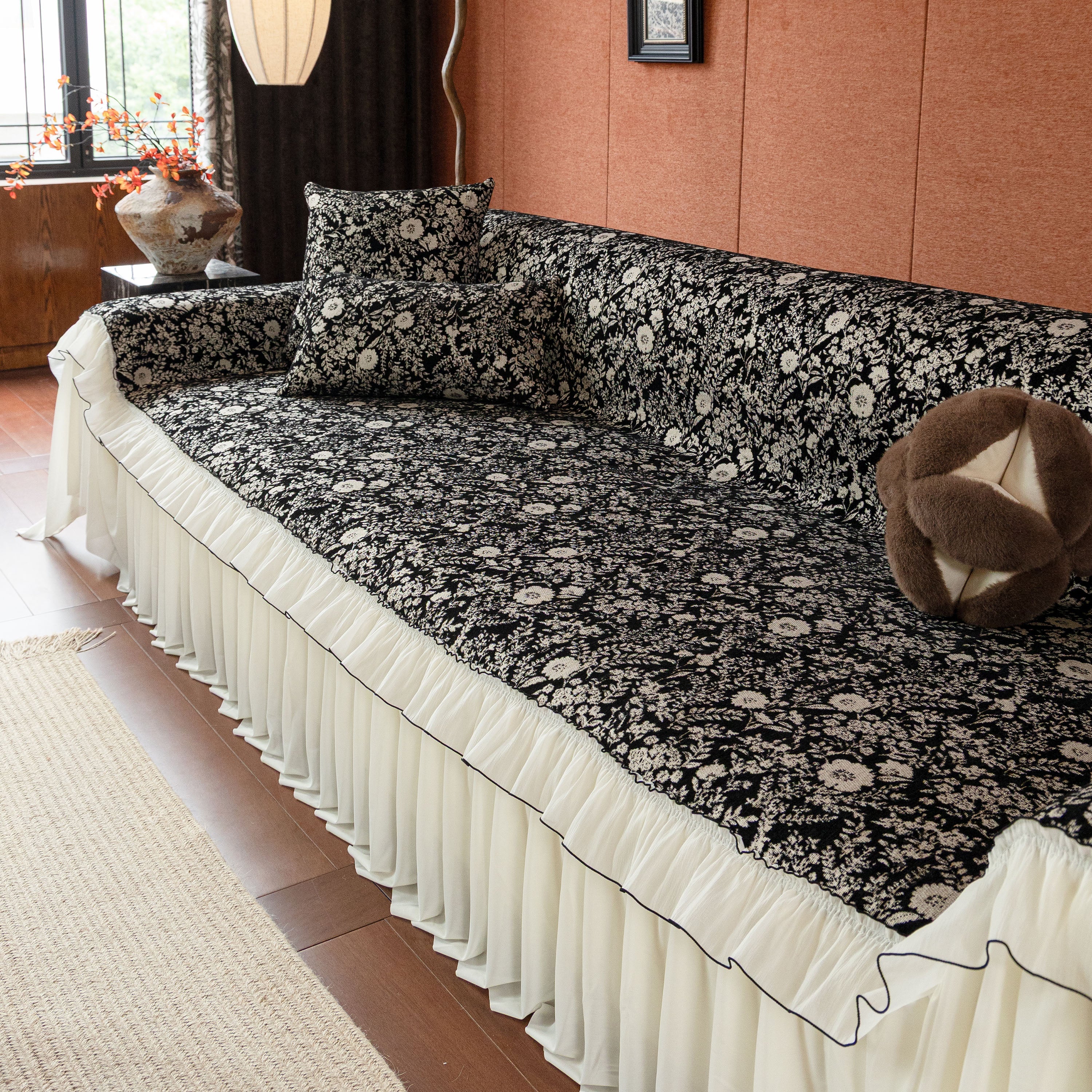 French Country Floral Sofa Cover with Chiffon Ruffle Skirt, Vintage Sofa Throw Cover - Image 29