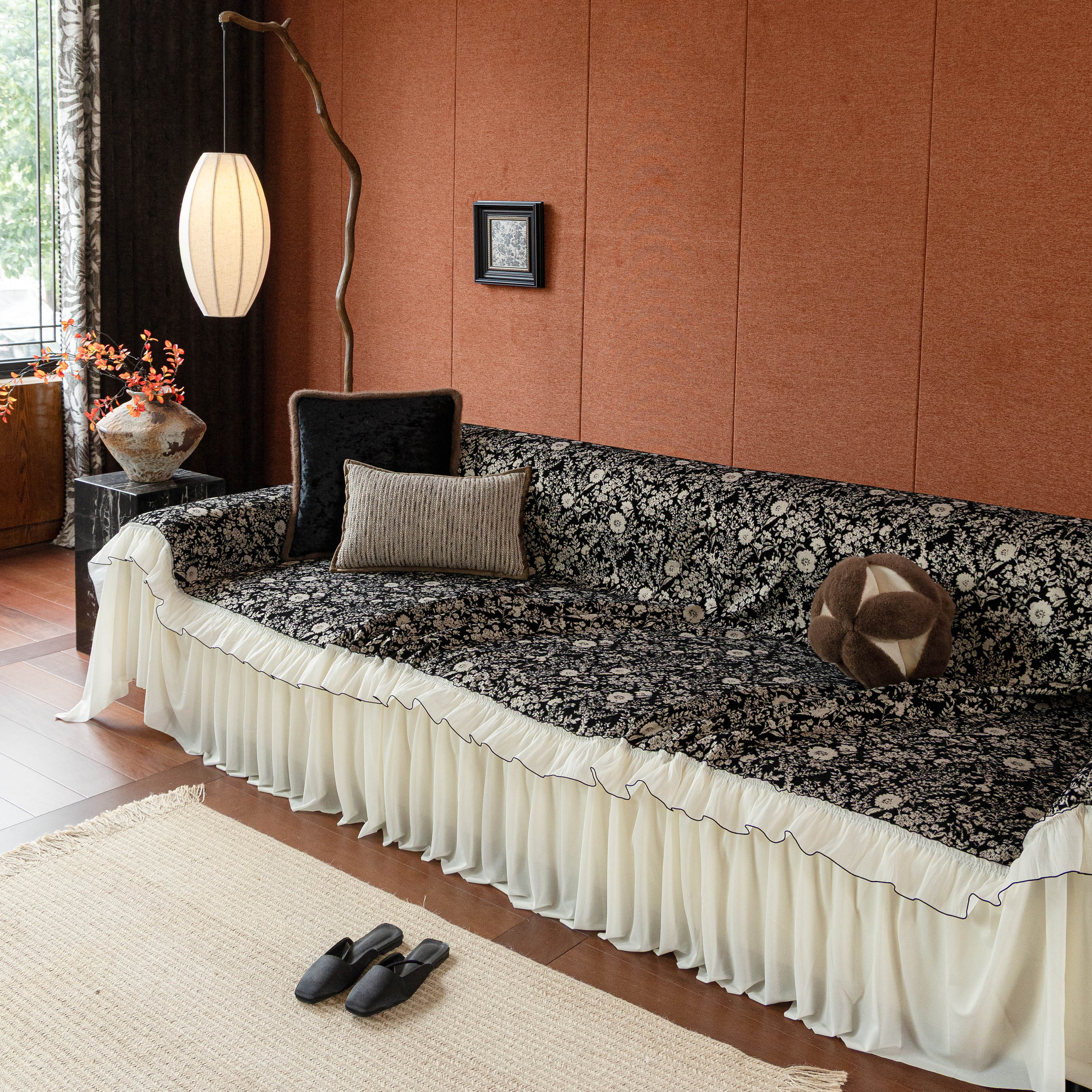 French Country Floral Sofa Cover with Chiffon Ruffle Skirt, Vintage Sofa Throw Cover - Image 34