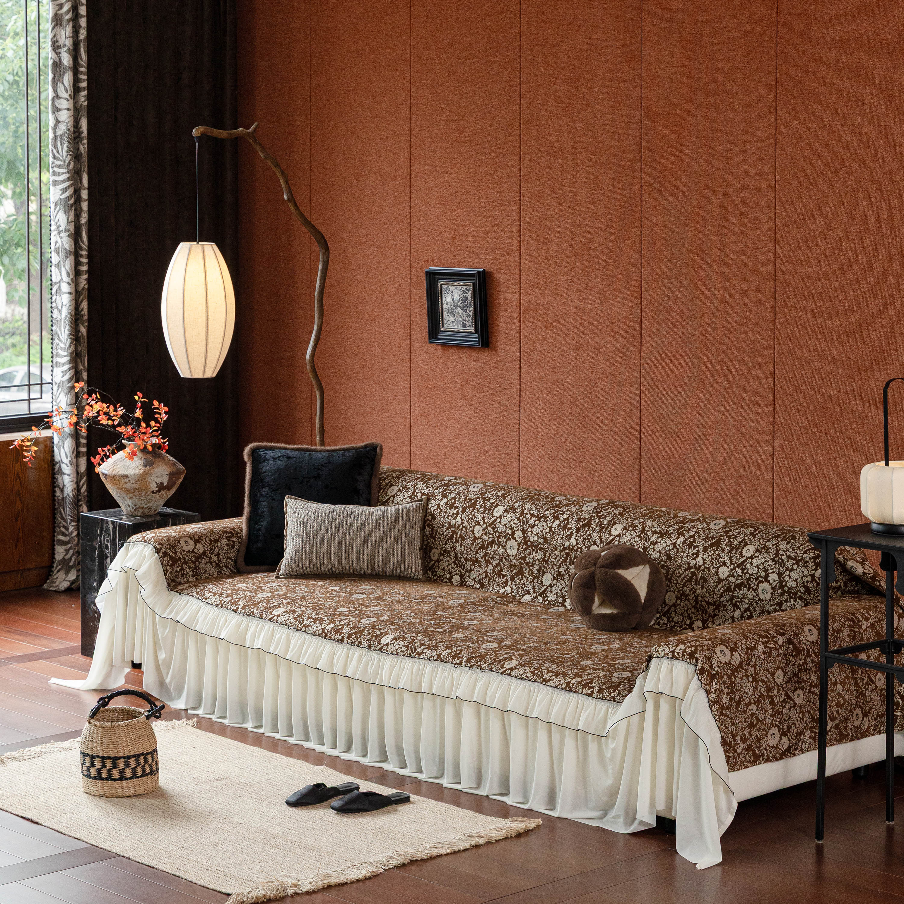 French Country Floral Sofa Cover with Chiffon Ruffle Skirt, Vintage Sofa Throw Cover - Image 4