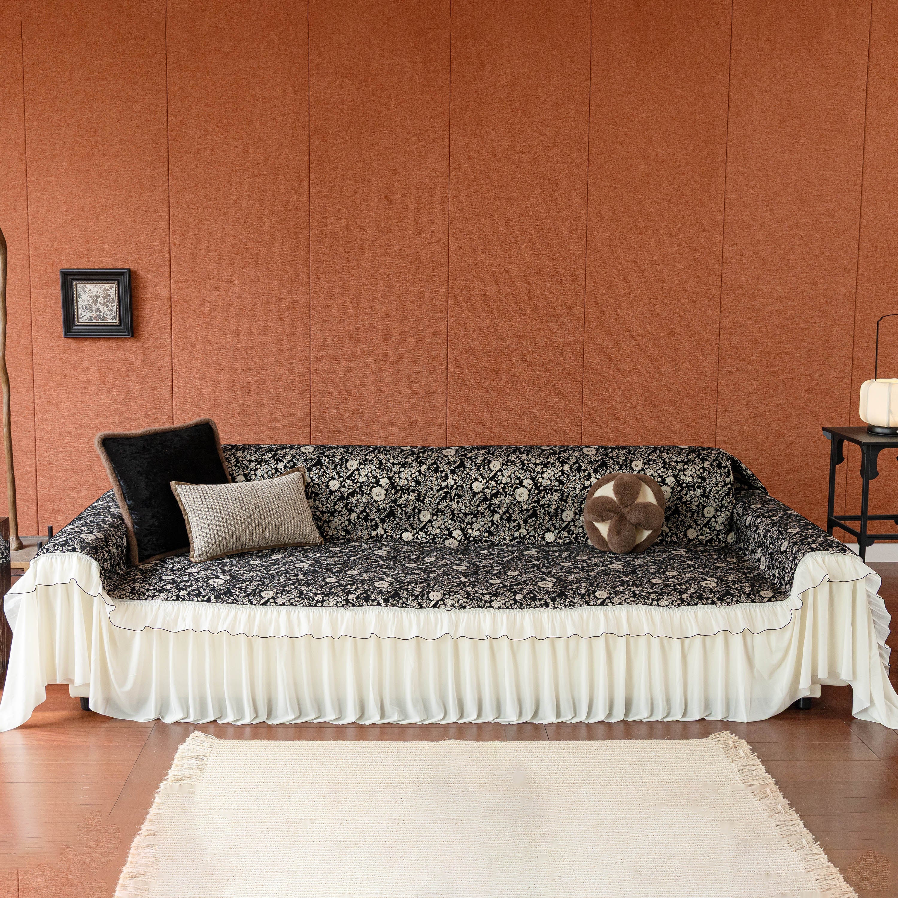 French Country Floral Sofa Cover with Chiffon Ruffle Skirt, Vintage Sofa Throw Cover - Image 41